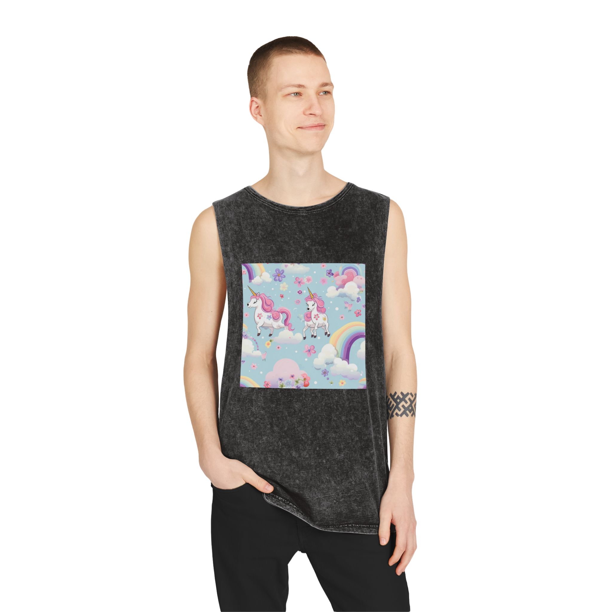 Playful Unicorns Among Flowers Clouds Rainbows Ice Creams Pastel Background Unisex Stonewash Tank Top - Image 3