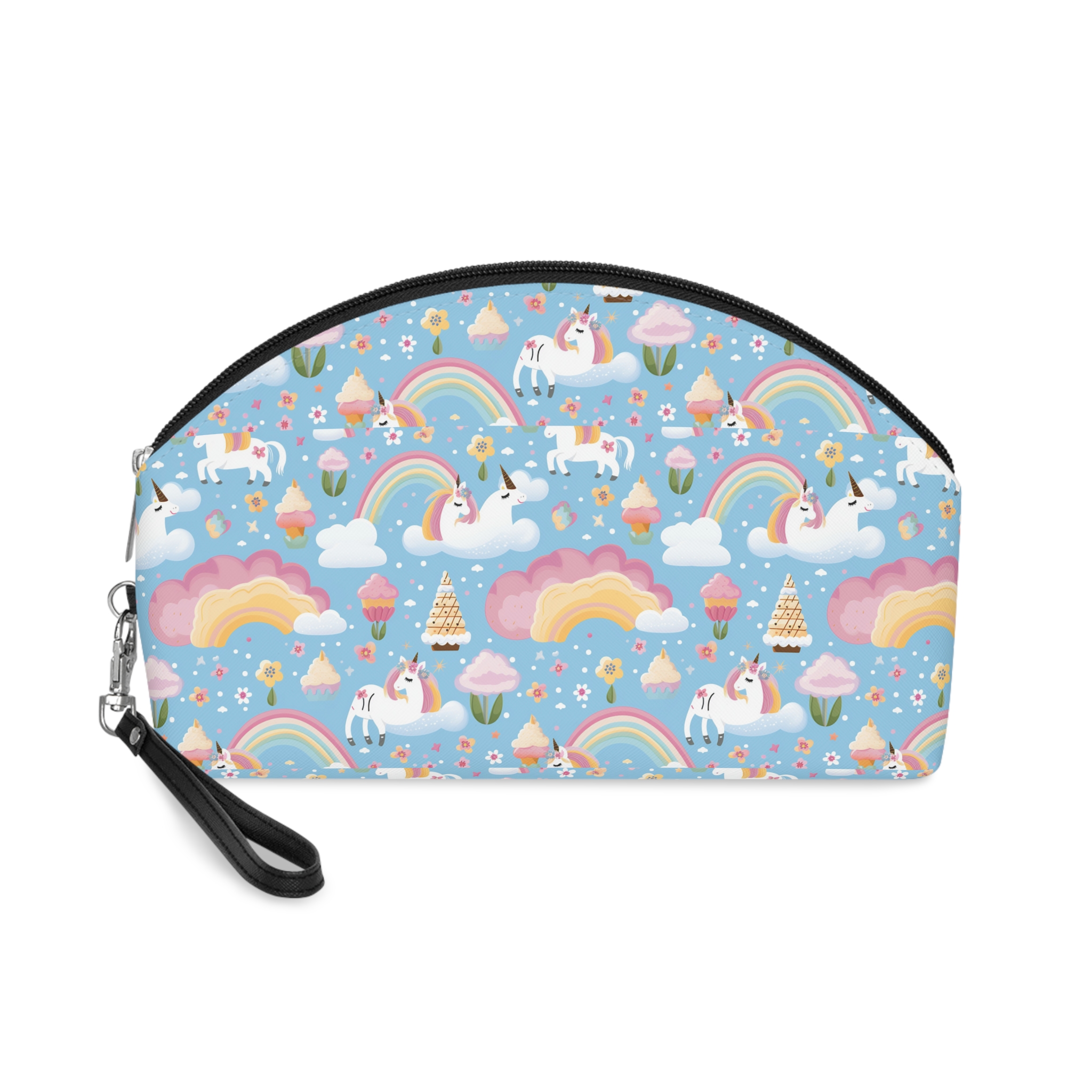 Playful Unicorns Flowers Clouds Rainbows Ice Creams Pastel Background (4) Makeup Bag