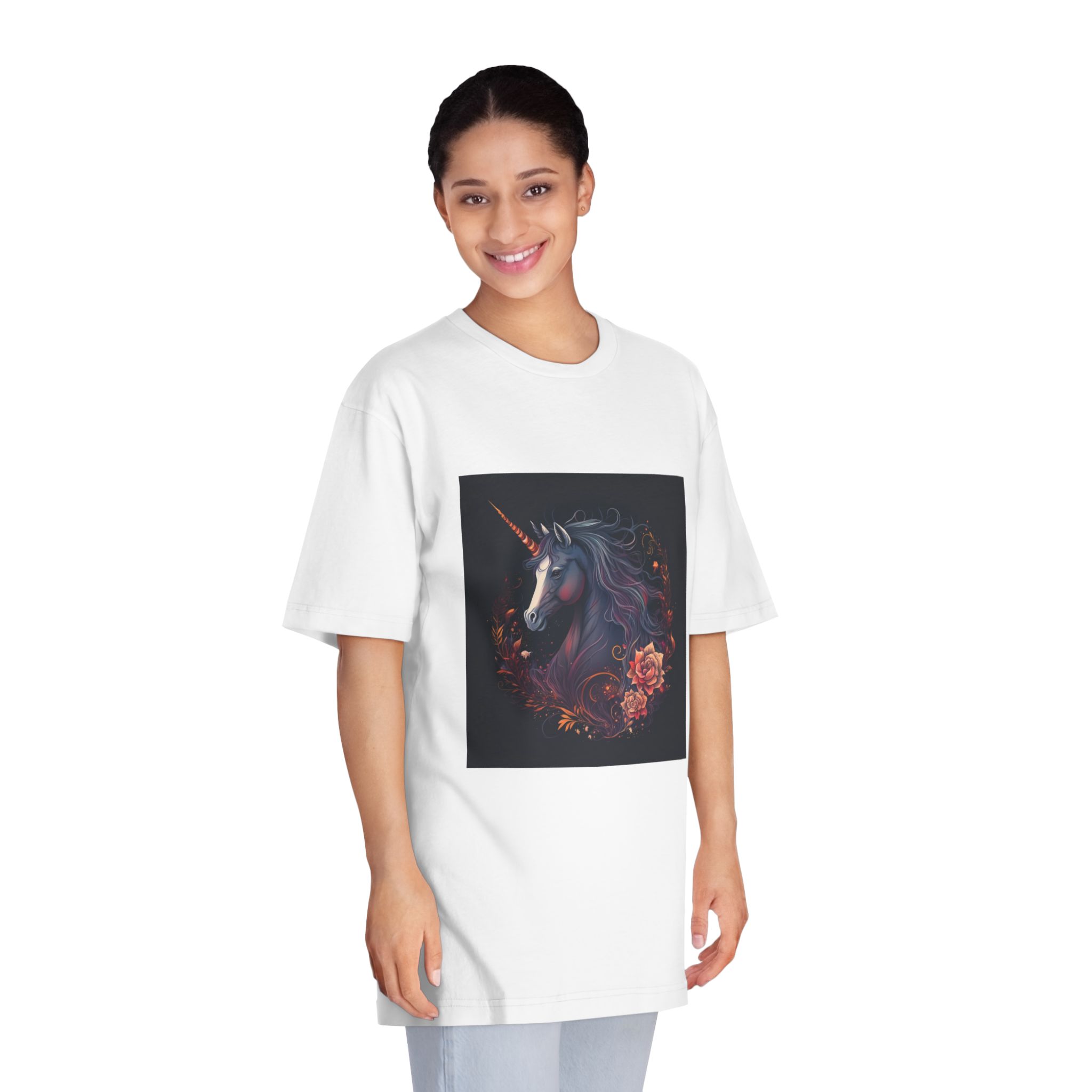 Unicorn With Long Mane Flowers Dark Background Generative Ai Unisex Classic Crewneck T Shirt - Image 3