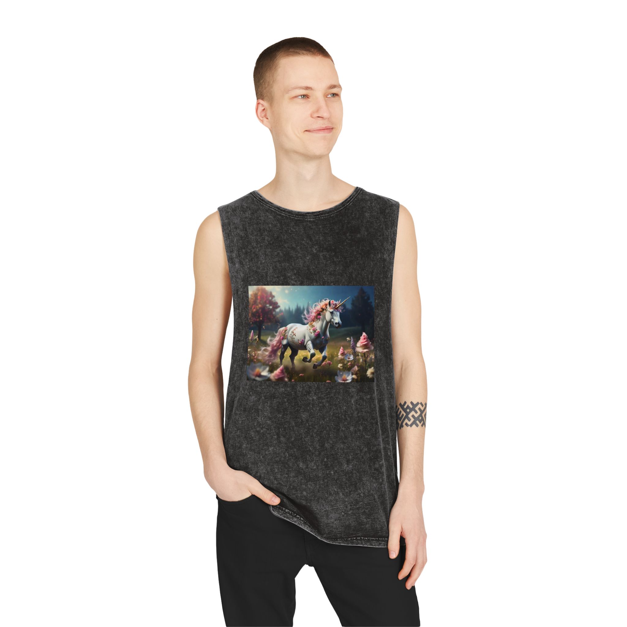 Beautiful Unicorn Running Magical Meadow Unicorn Background Images Whimsical Unicorn (38) Unisex Stonewash Tank Top - Image 3