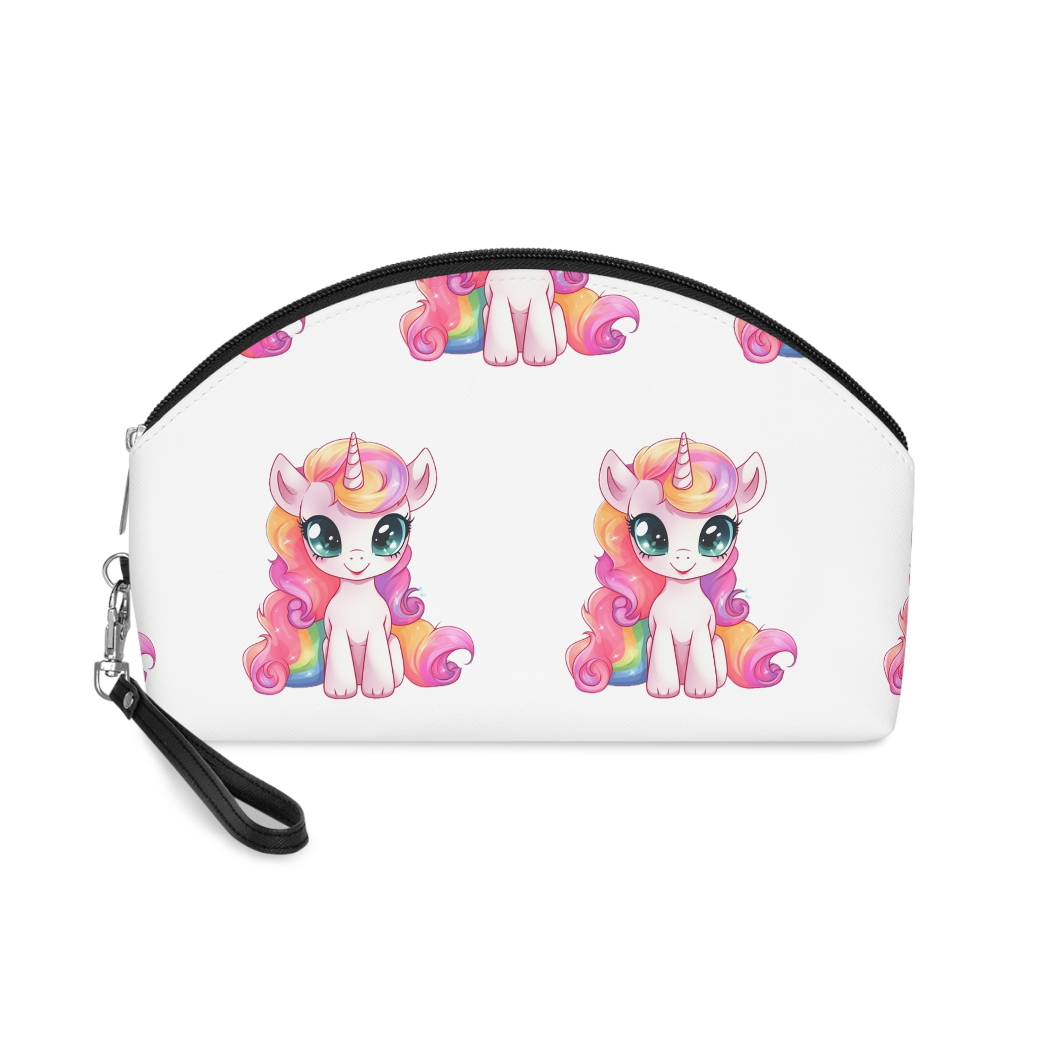 Cartoon Unicorn With Pink Hair Rainbow Mane Sitting Ground Generative Ai Makeup Bag
