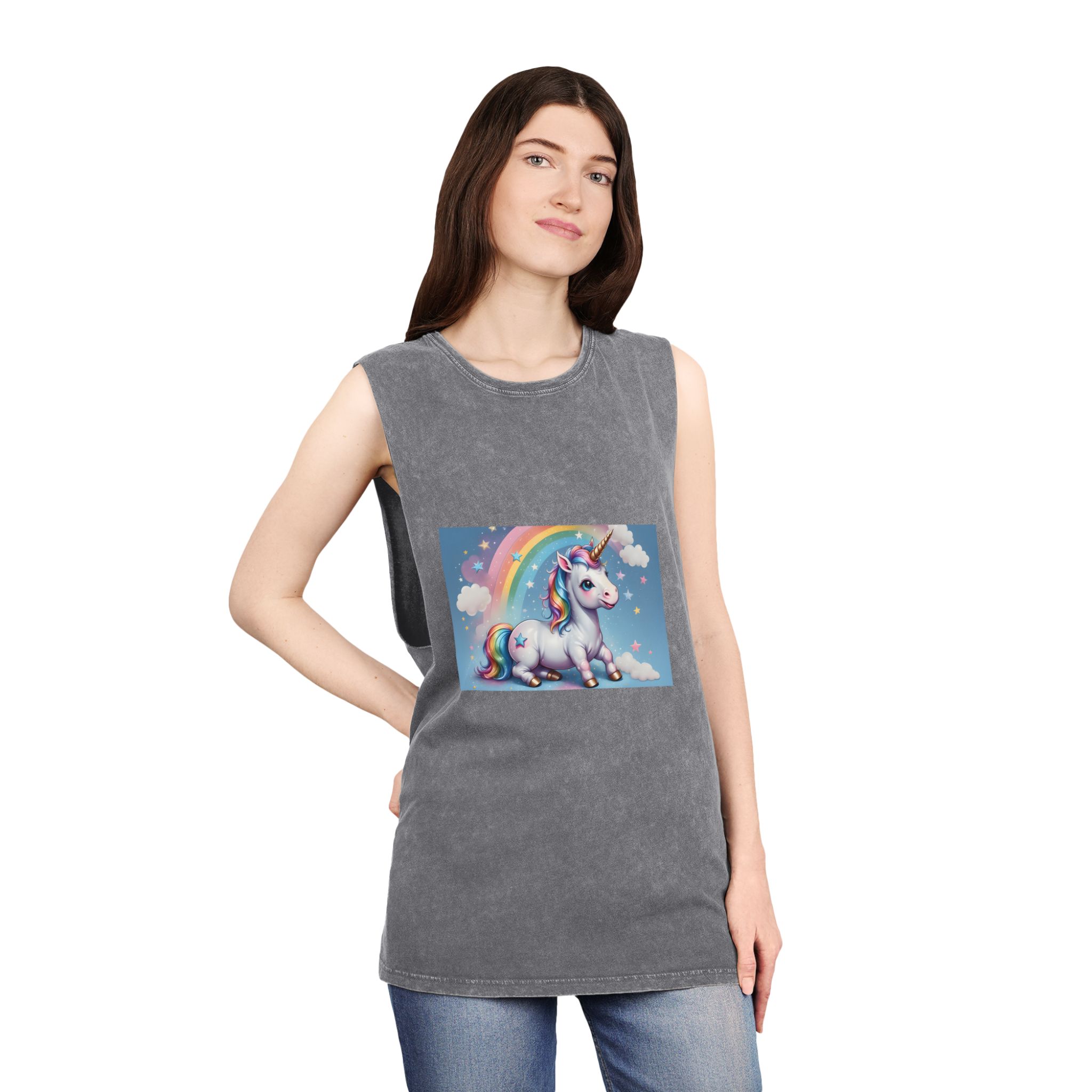 Happy Unicorn Background Sky Rainbow Unisex Stonewash Tank Top - Image 12