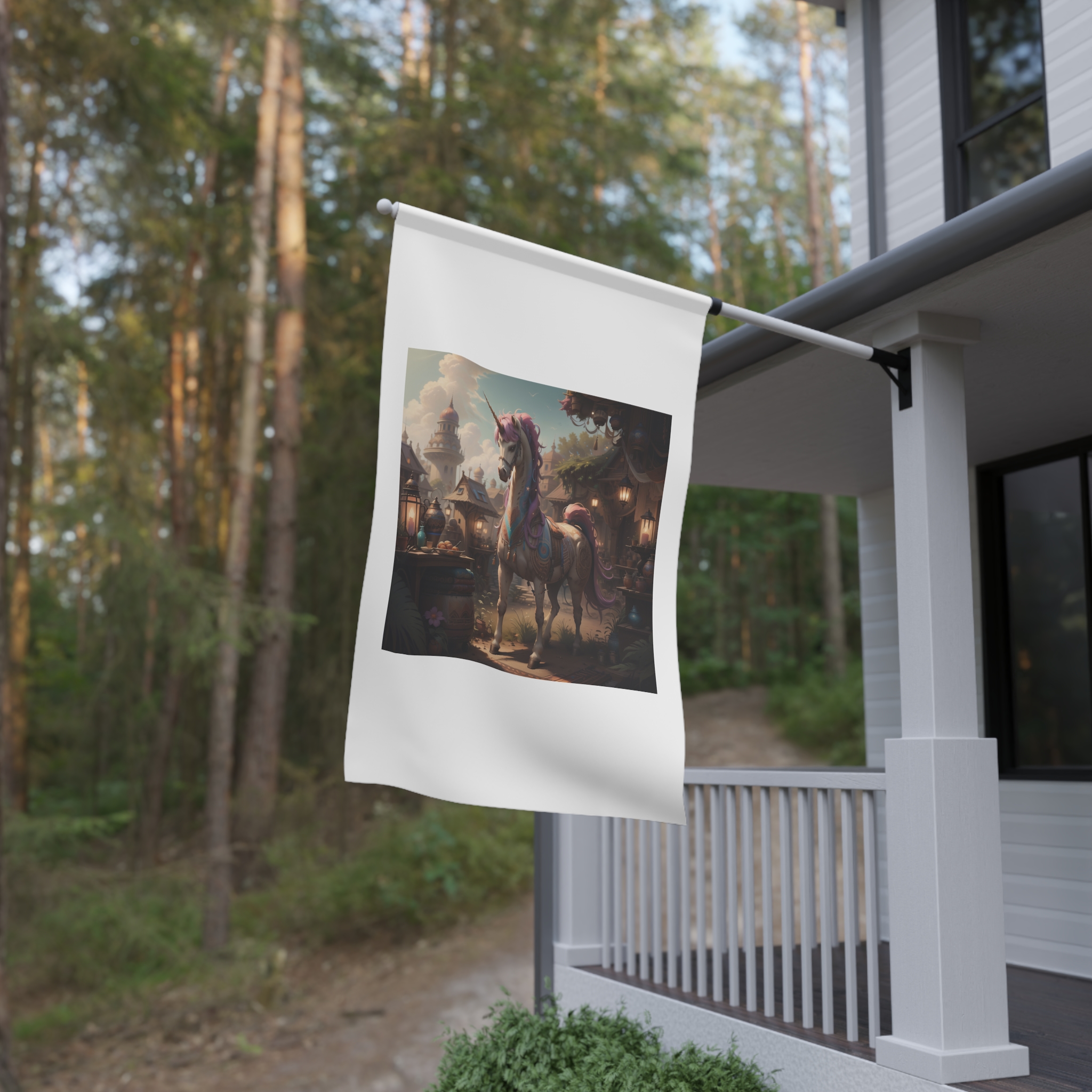 Unicorn With Purple Mane Stands Front Small Town With Lamp Post House Banner - Image 4