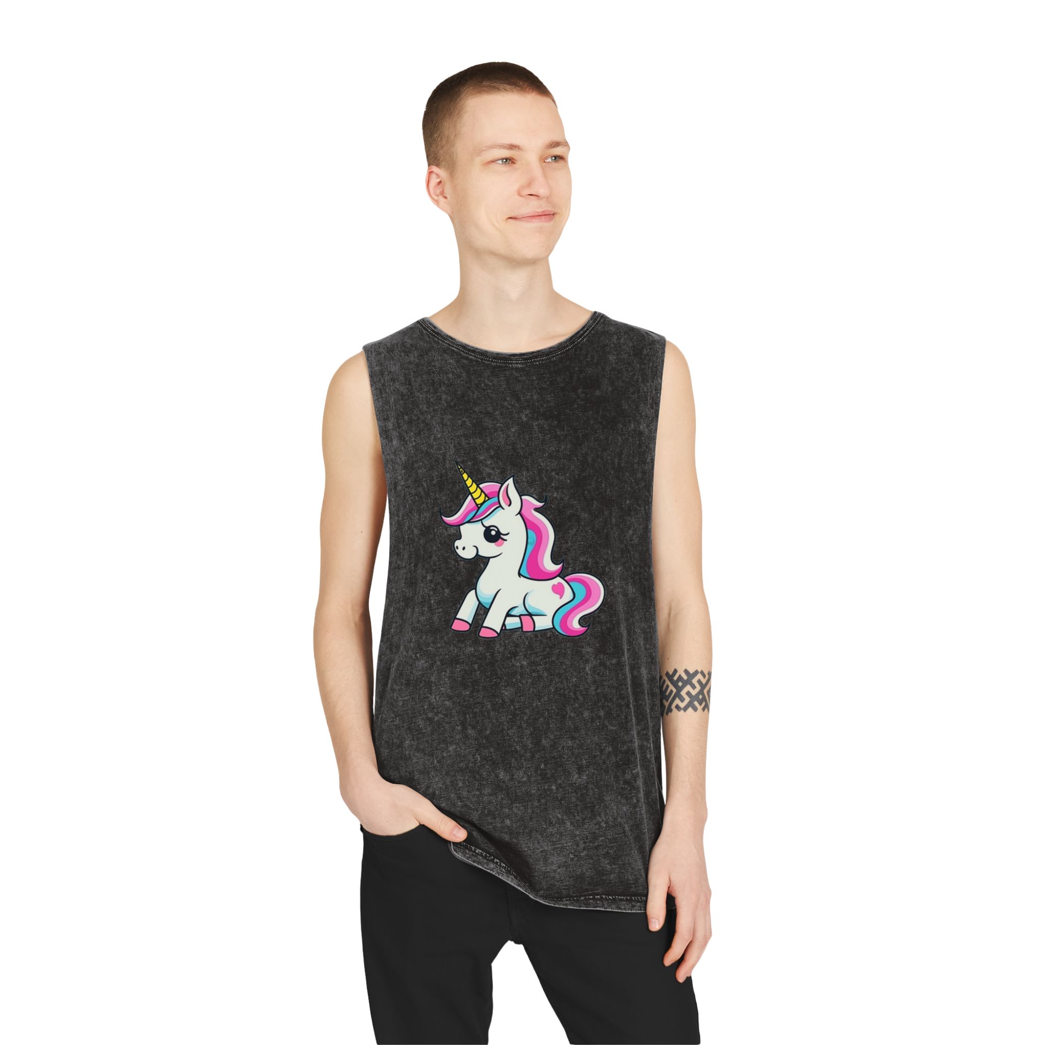 Cartoon Unicorn With Pink Mane Stars Blue Background Generative Ai Unisex Stonewash Tank Top - Image 3