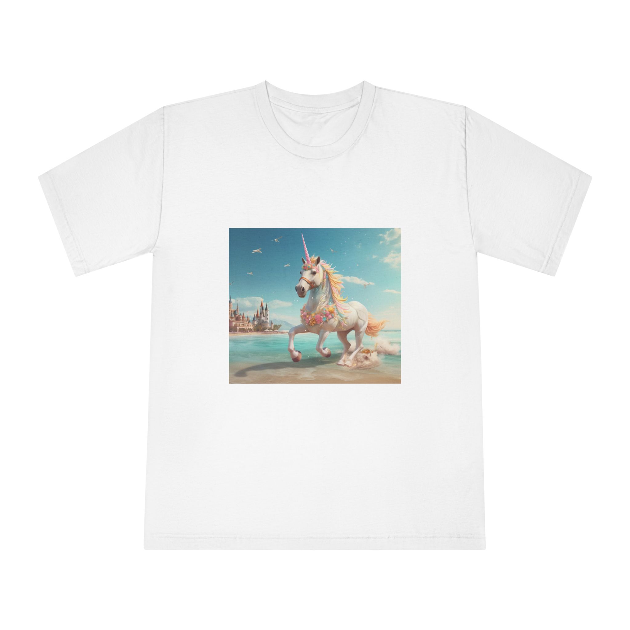 There Is Unicorn Running Beach With Castle Background Generative Ai Unisex Classic Crewneck T Shirt