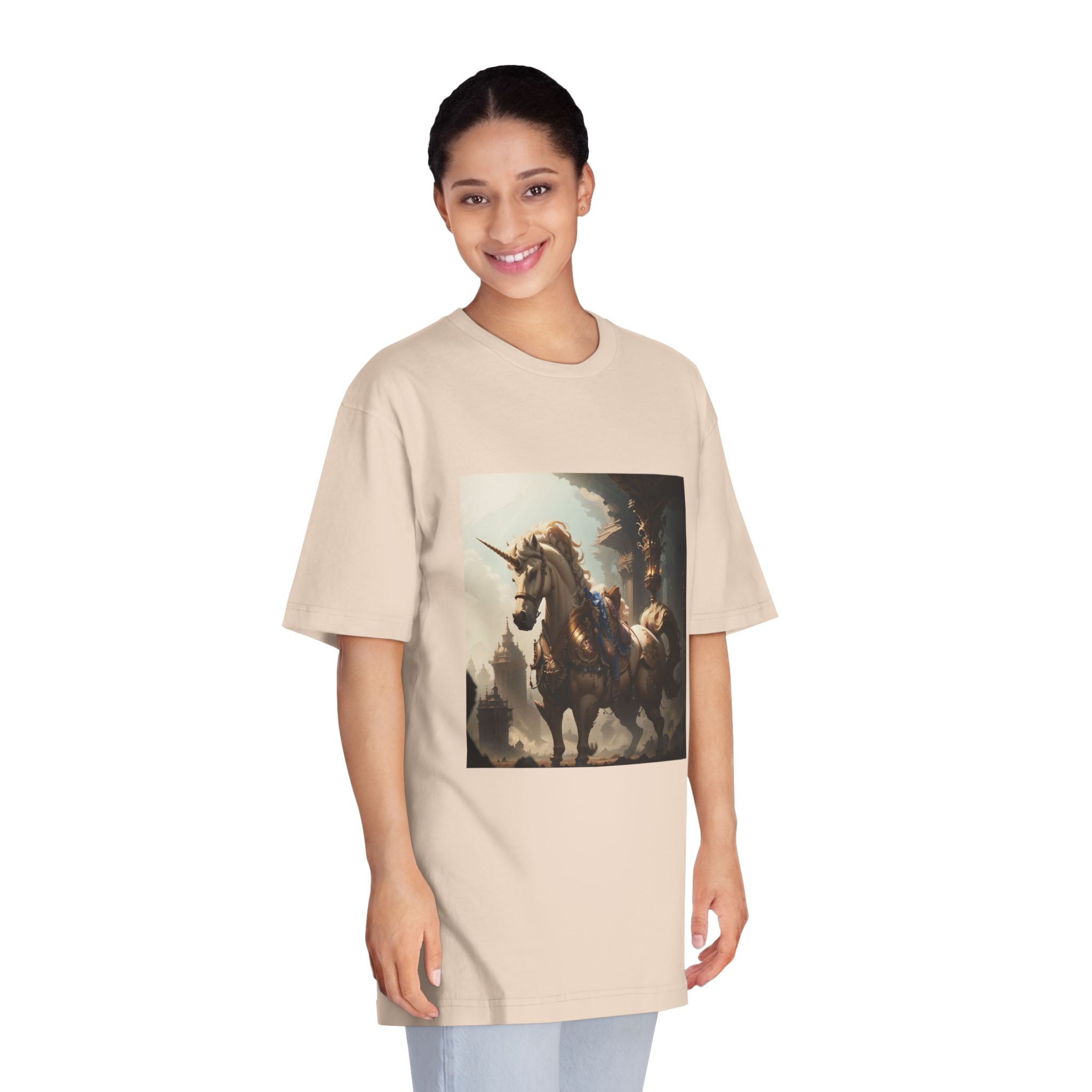 Unicorn With Sword Its Back Is Standing Front Building Unisex Classic Crewneck T Shirt - Image 11