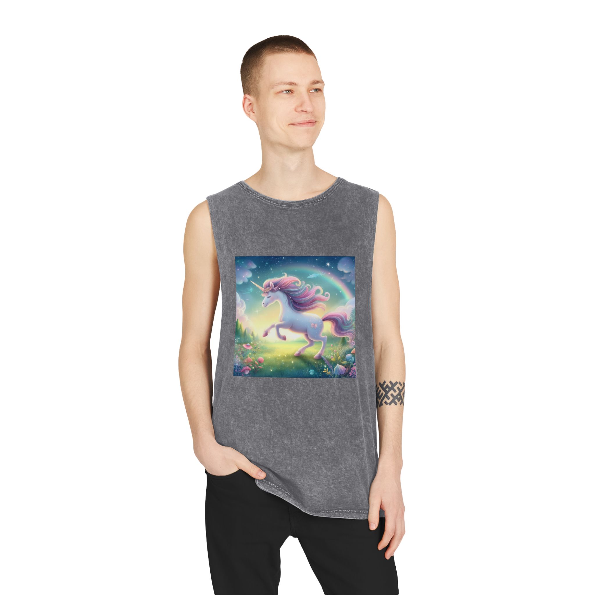 Beautiful Unicorn Running Magical Meadow Unicorn Background Images Whimsical Unicorn (21) Unisex Stonewash Tank Top - Image 11