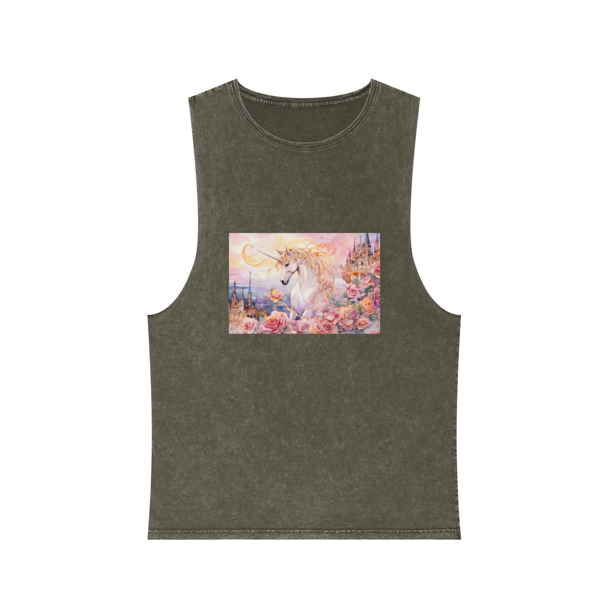Painting Unicorn Castle With Roses Castle Background Generative Ai Unisex Stonewash Tank Top - Image 5