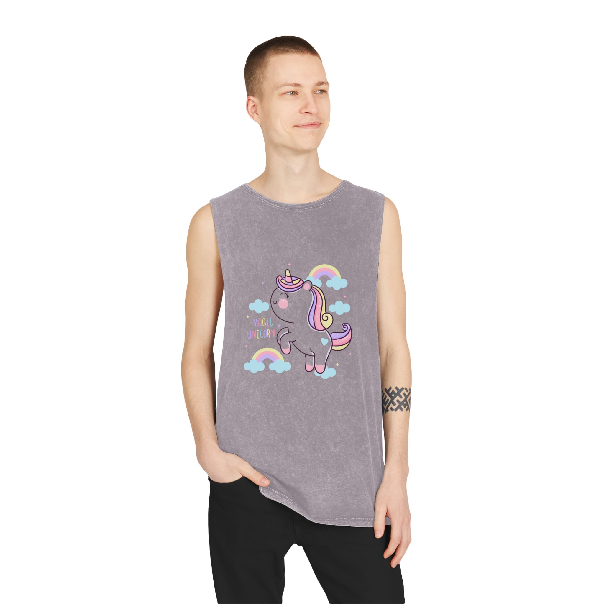 Cute Unicorn Cartoon Magic Rainbow Kawaii Pony Unisex Stonewash Tank Top - Image 19
