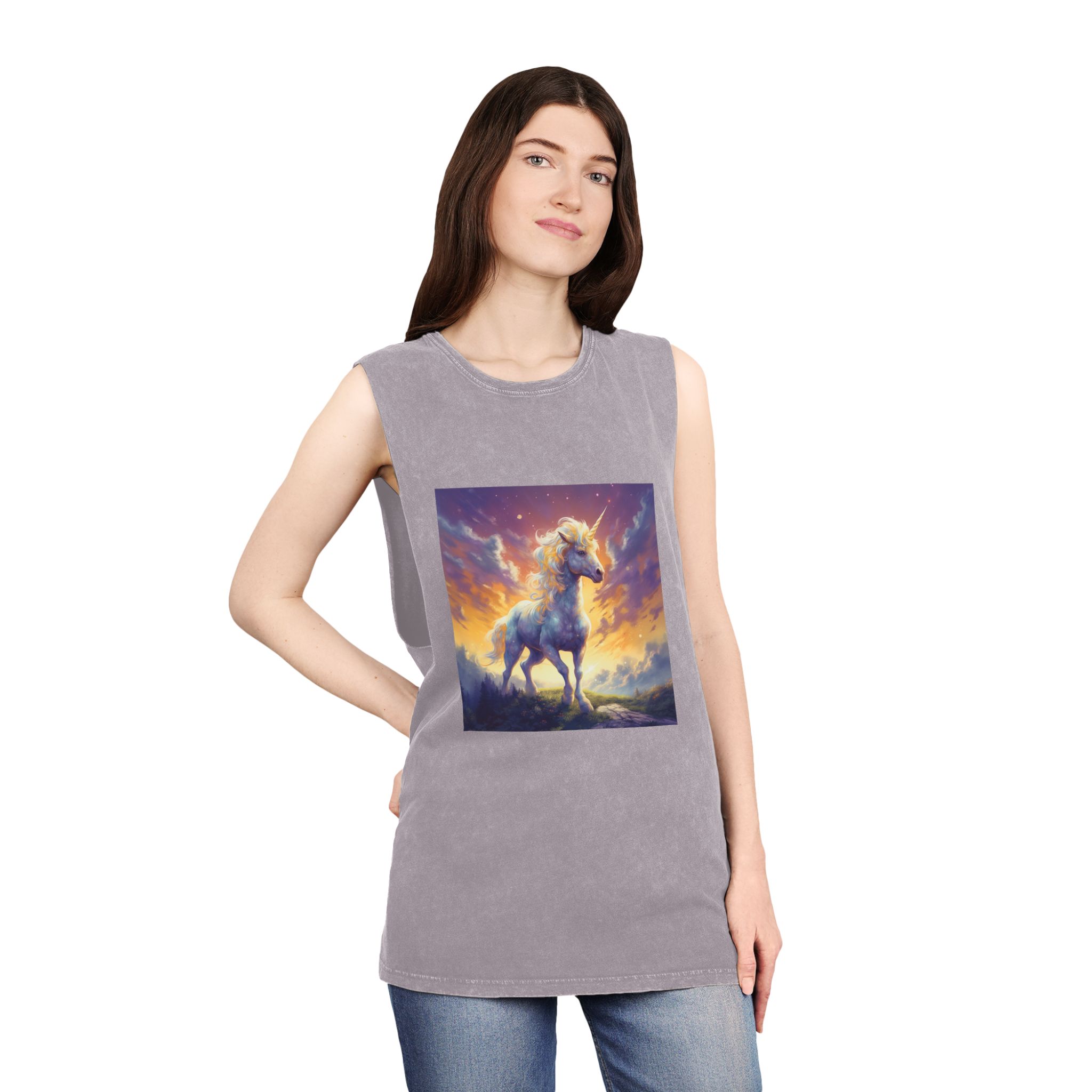 Painting Unicorn Standing Hill With Sunset Background Generative Ai (2) Unisex Stonewash Tank Top - Image 20