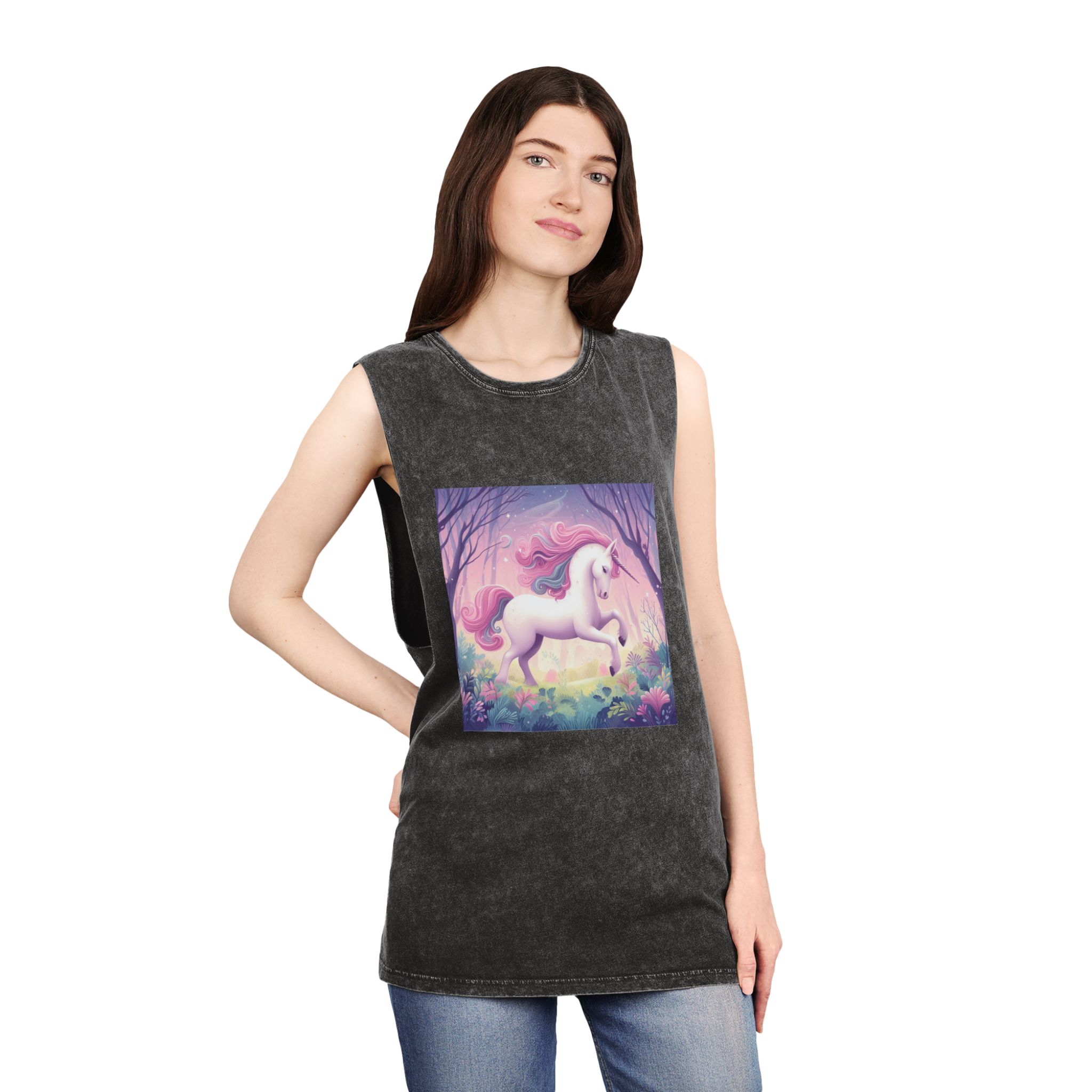 Beautiful Unicorn Running Magical Meadow Unicorn Background Images Whimsical Unicorn (25) Unisex Stonewash Tank Top - Image 4