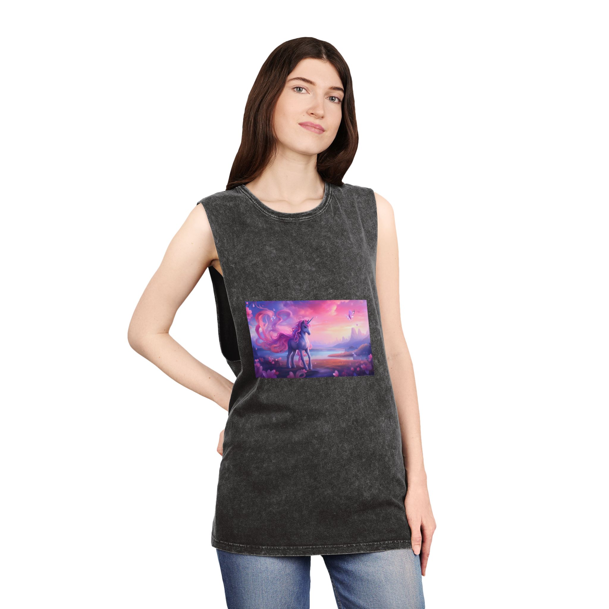 Unicorn Standing Field Flowers With Butterflies Flying Around Generative Ai Unisex Stonewash Tank Top - Image 4