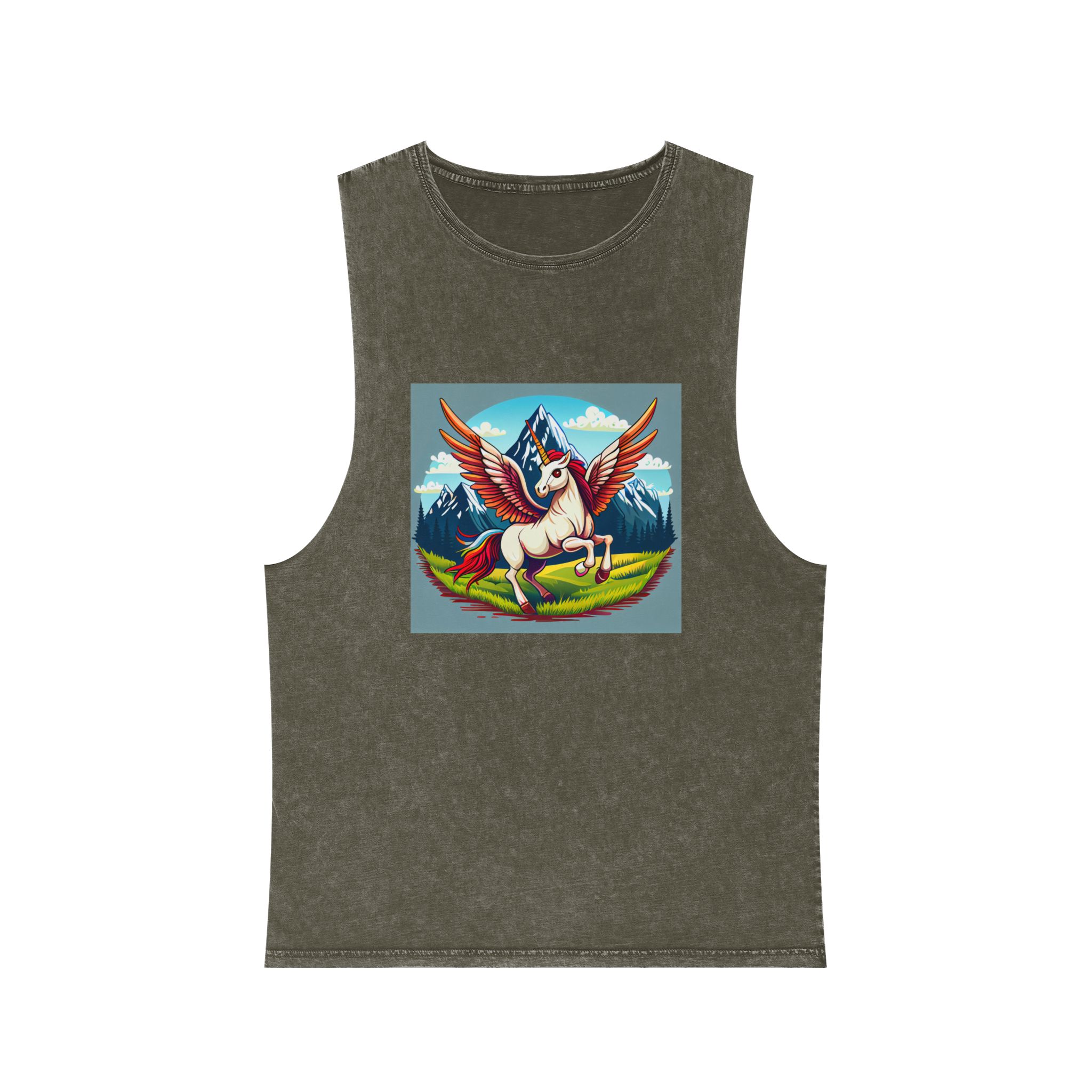 Cartoon Unicorn With Rainbow Wings Top Mountain Background Generative Ai Unisex Stonewash Tank Top - Image 5