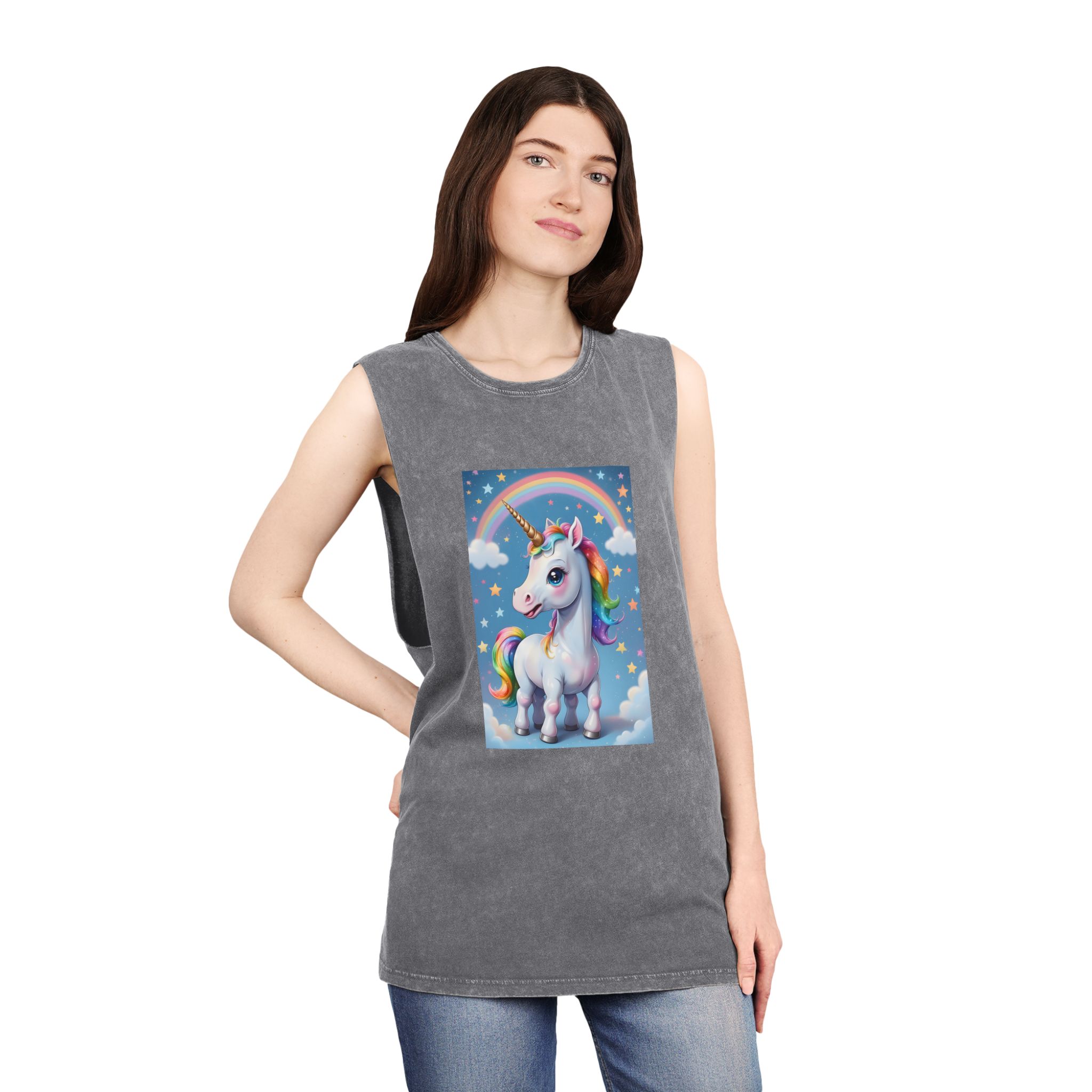 Happy Unicorn Background Sky Rainbow Copy Unisex Stonewash Tank Top - Image 12