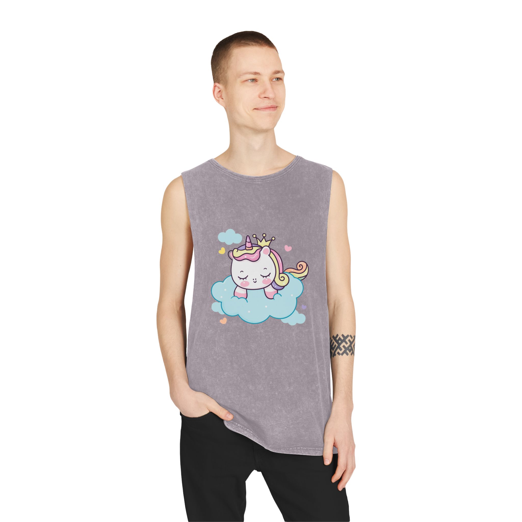 Cute Unicorn Princess Cartoon Sleep Cloud Kawaii Clipart Unisex Stonewash Tank Top - Image 19