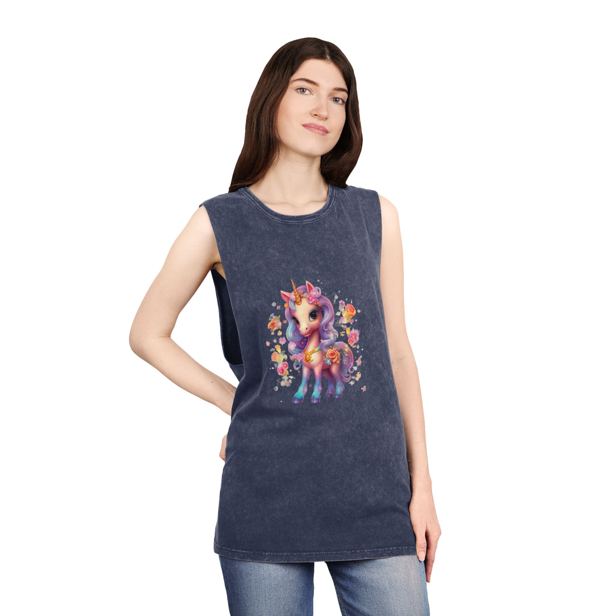 Illustration Unicorn Cartoon With Flower White Background Generative Ai (1) Unisex Stonewash Tank Top - Image 16