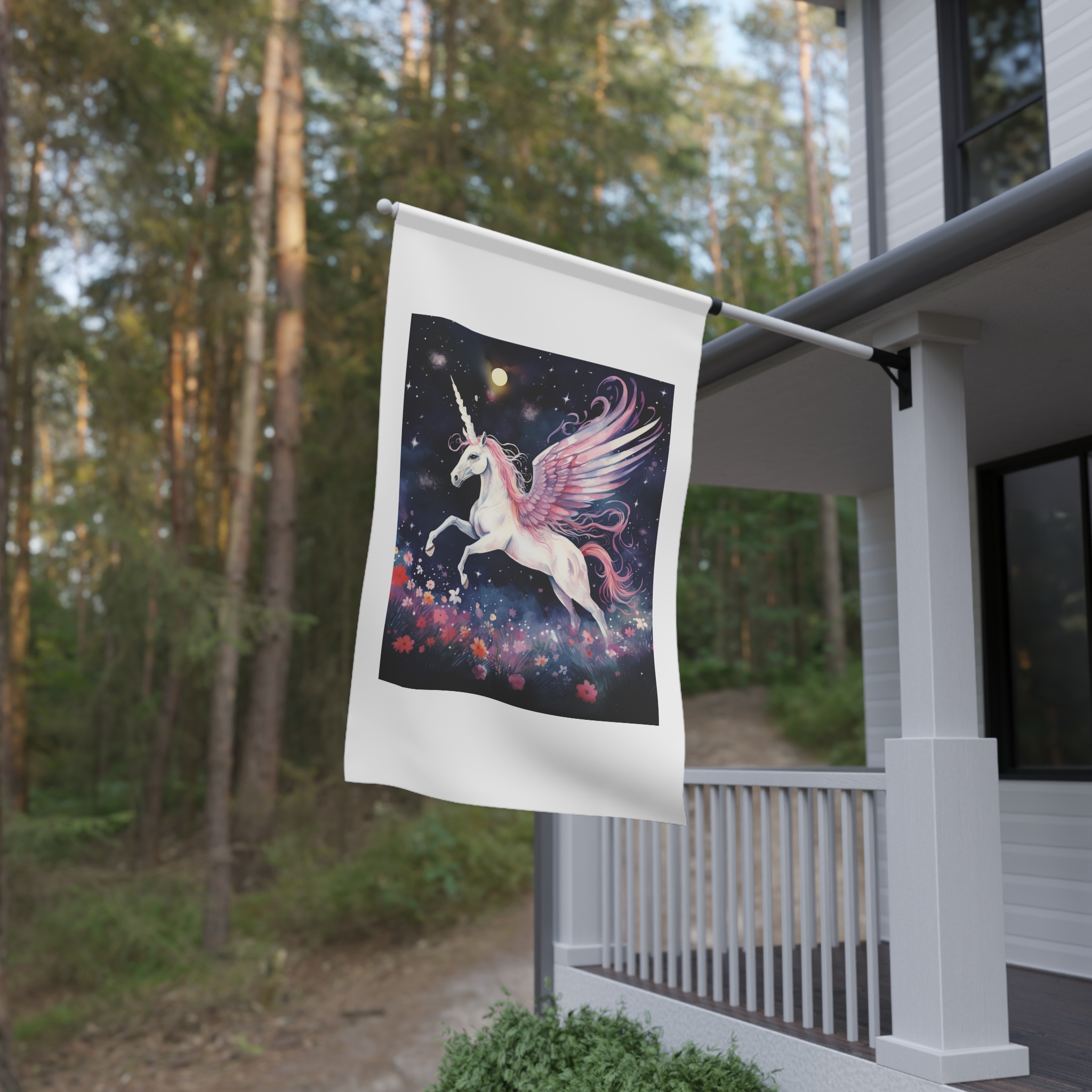 Unicorn With Wings Flying Night Sky With Flowers Generative Ai House Banner - Image 4
