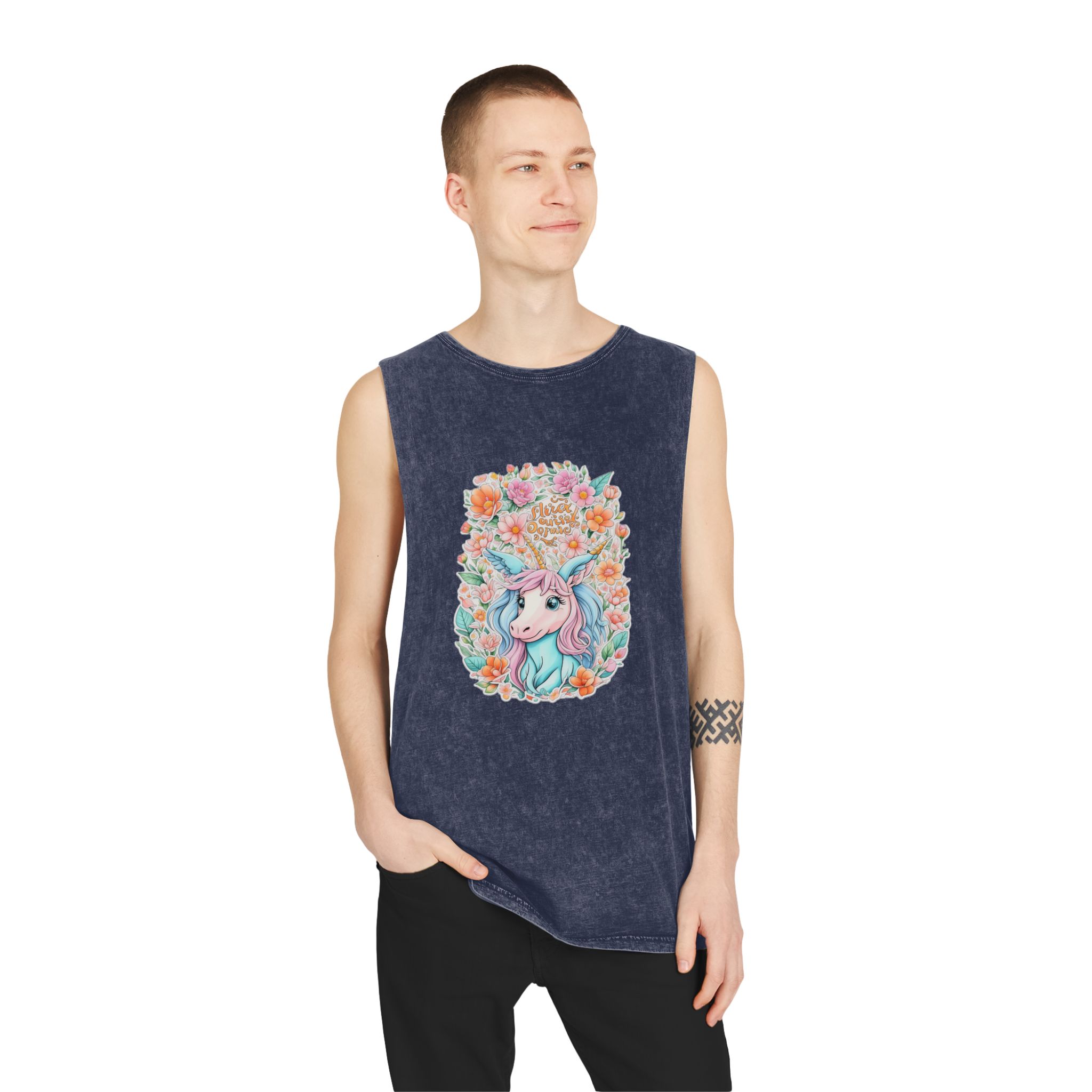 Beautiful Cute Unicorn With Colorful Fantasy Flowers (1) Unisex Stonewash Tank Top - Image 15