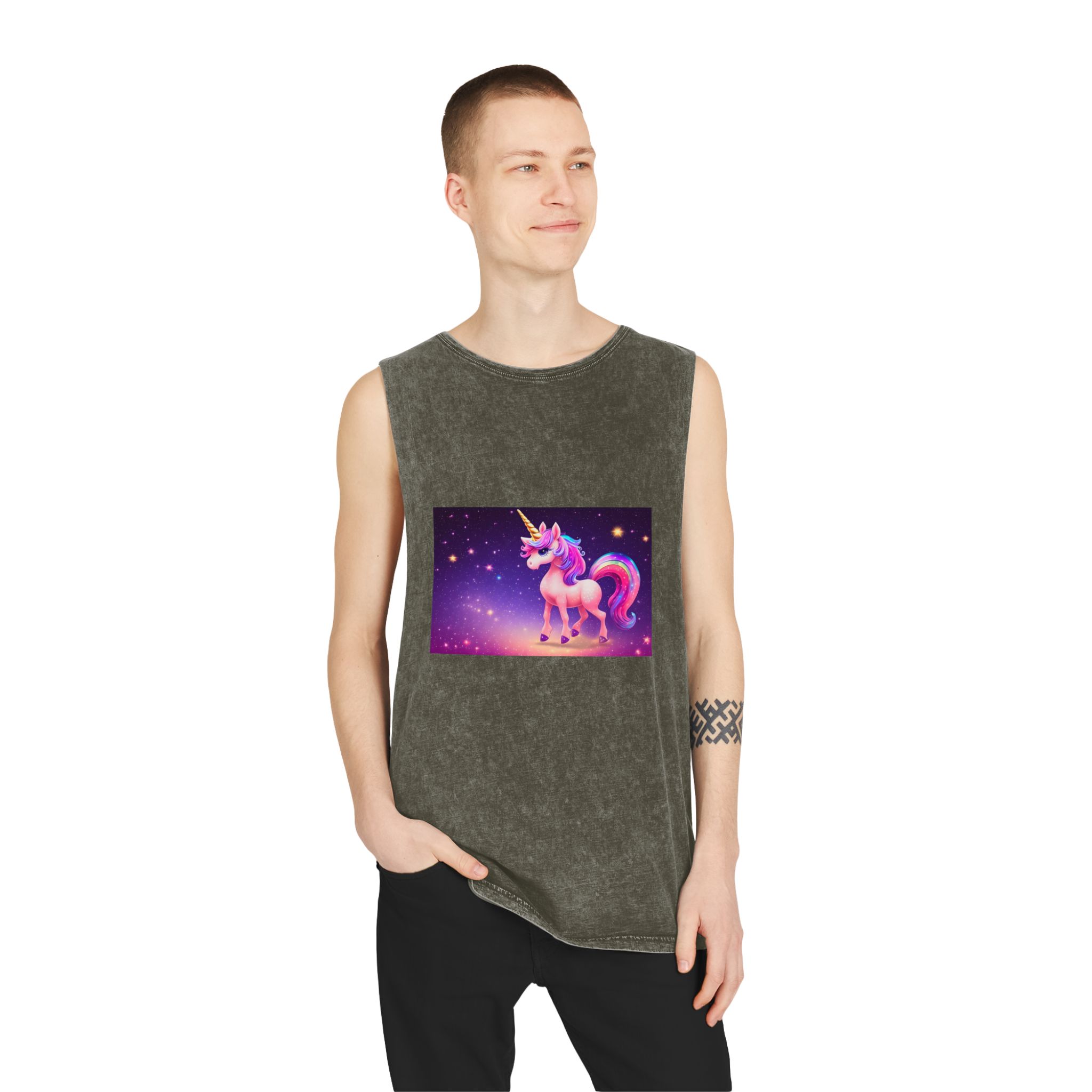 Cute Colorful Magical Adorable Kawaii Unicorn Sparles Violet Background Unisex Stonewash Tank Top - Image 7