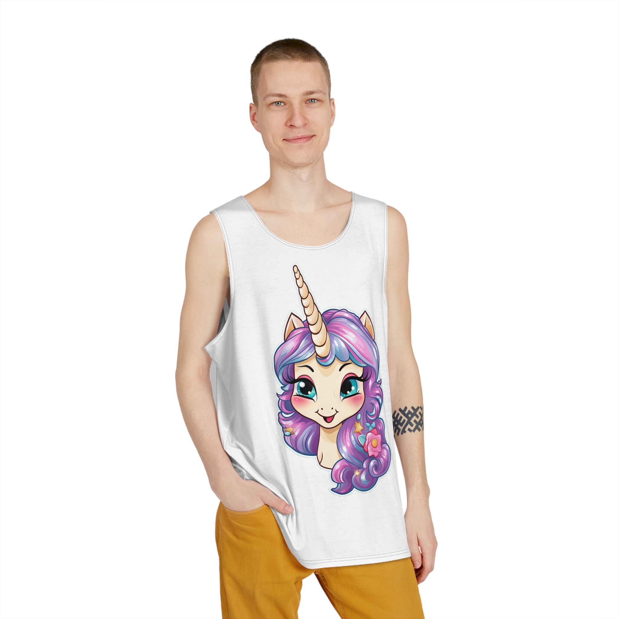 Cute Little Baby Unicorn With Rainbow Flowers Vector Illustration Set Generative Ai Mens Tank Aop - Image 3