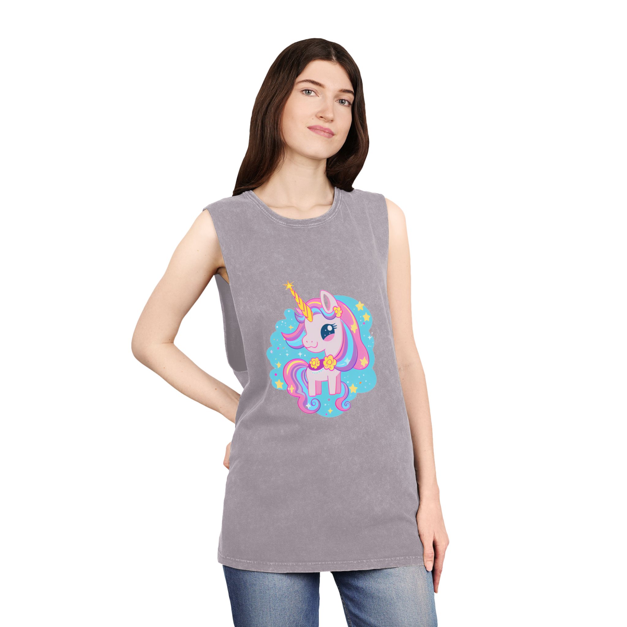 There Is Cartoon Unicorn With Bow Tie Stars Generative Ai Unisex Stonewash Tank Top - Image 20