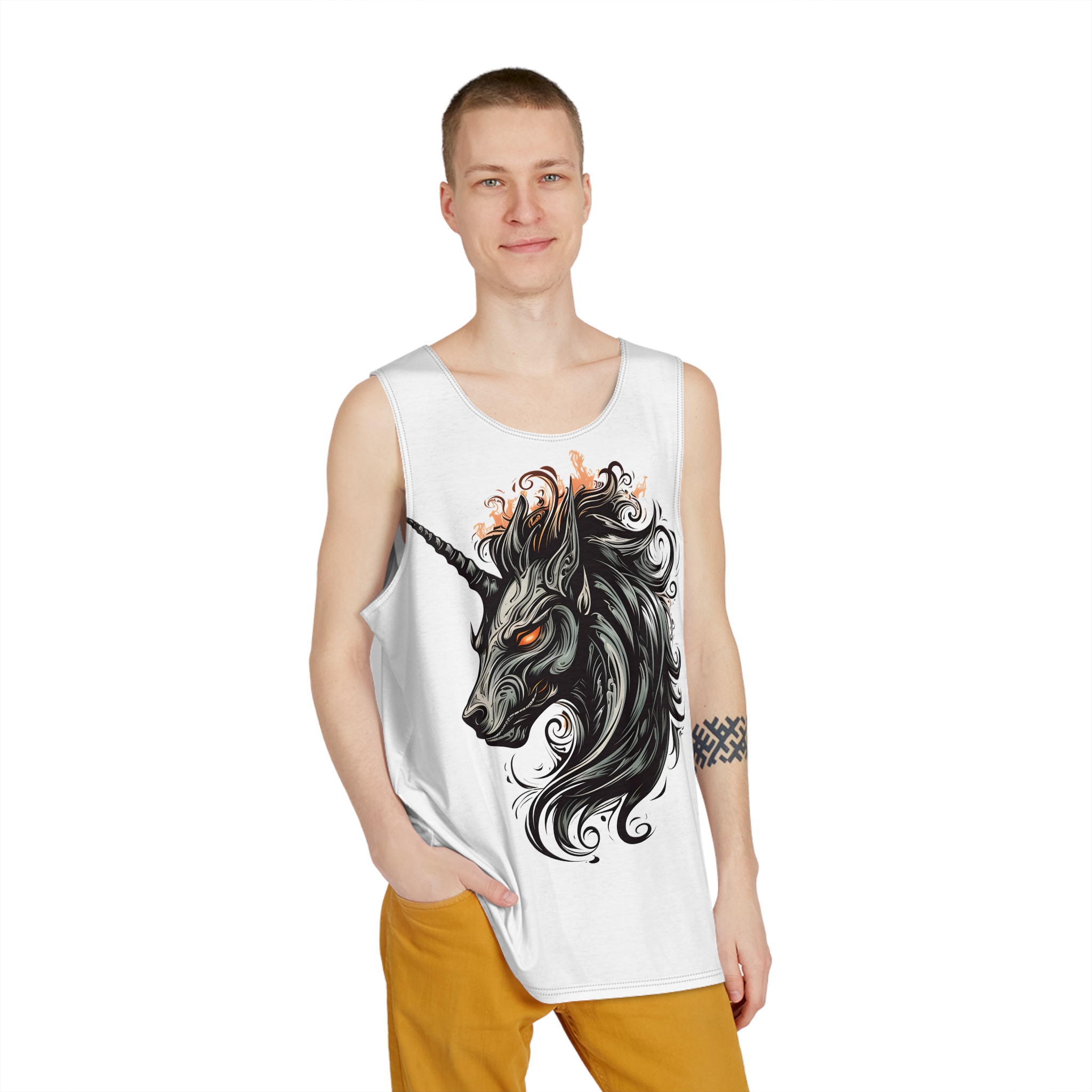Unicorn Head Tshirt Tattoo Design Dark Art Illustration Isolated White (3) Mens Tank Aop - Image 3