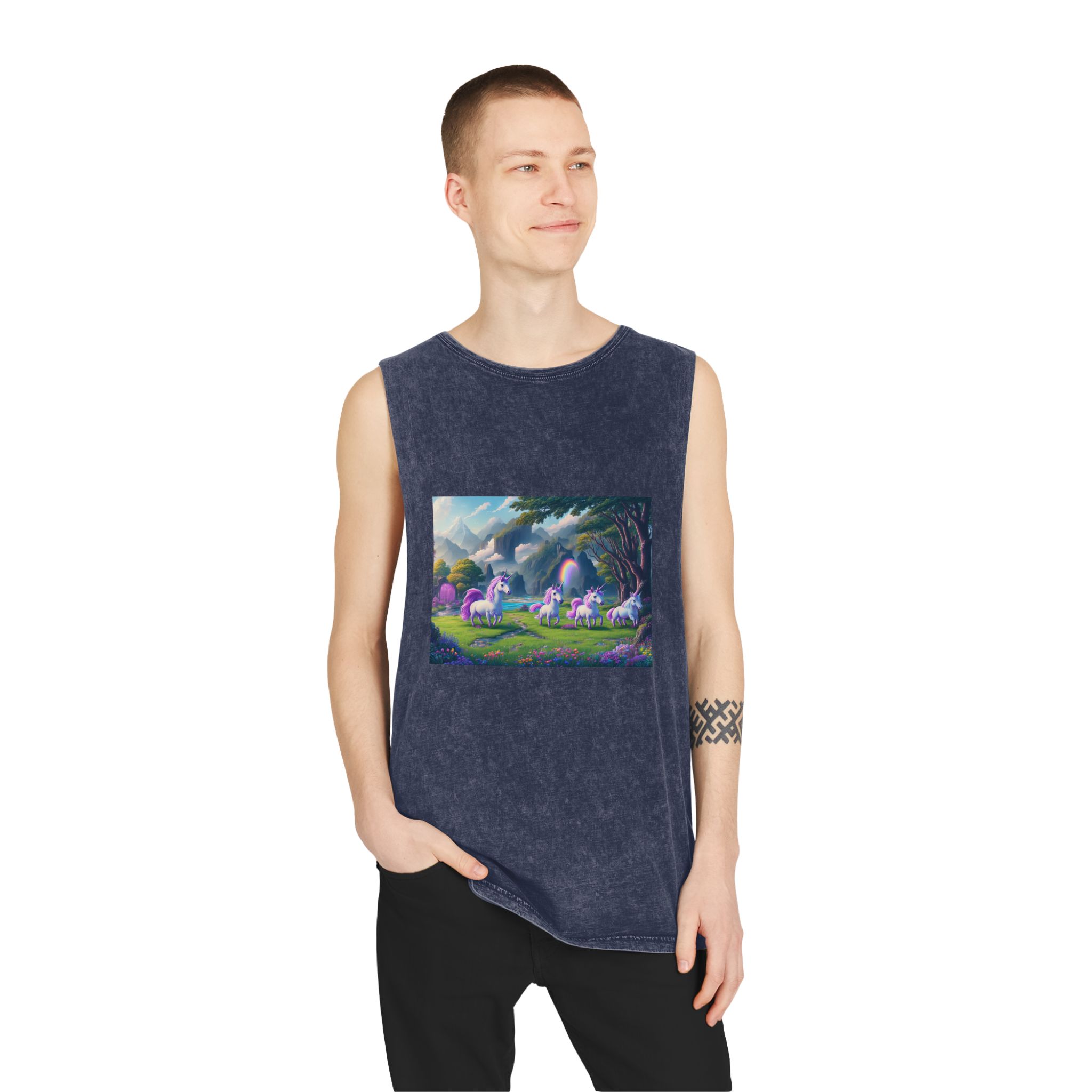 Painting Group Unicorns Landscape With Mountains Background Unisex Stonewash Tank Top - Image 15