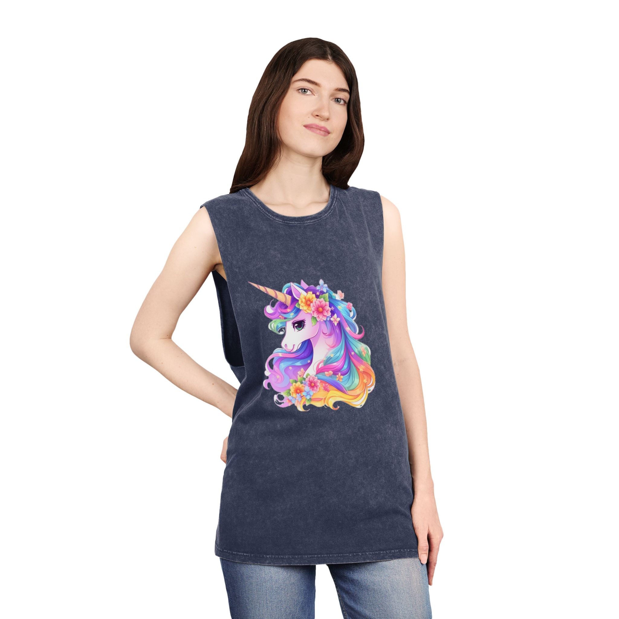 Cartoon Unicorn With Flower Crown Its Head Generative Ai Unisex Stonewash Tank Top - Image 16