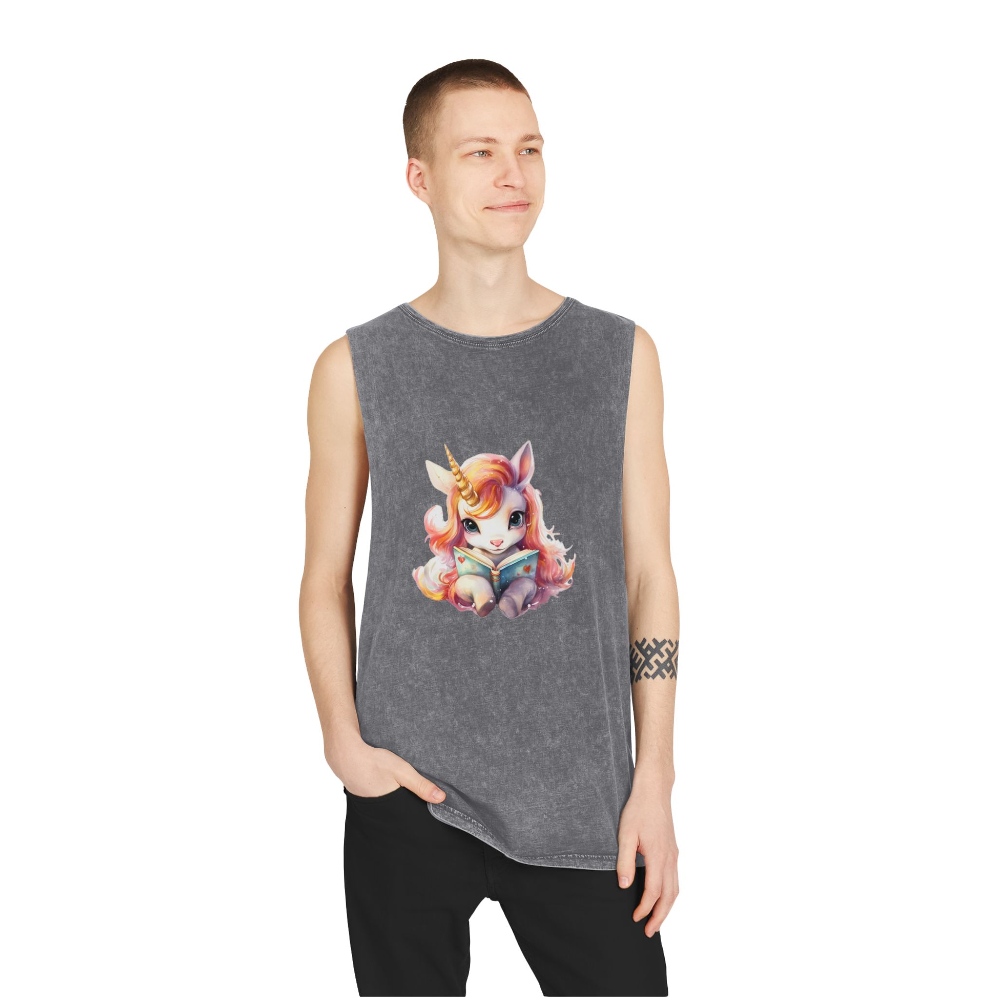 Unicorn Reading Book With Unicorn Horn Her Head Generative Ai Unisex Stonewash Tank Top - Image 11