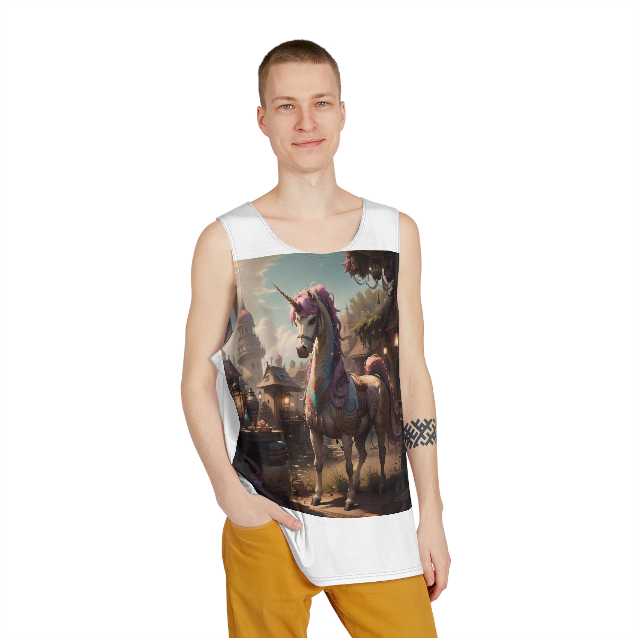 Unicorn With Purple Mane Stands Front Small Town With Lamp Post Mens Tank Aop - Image 3
