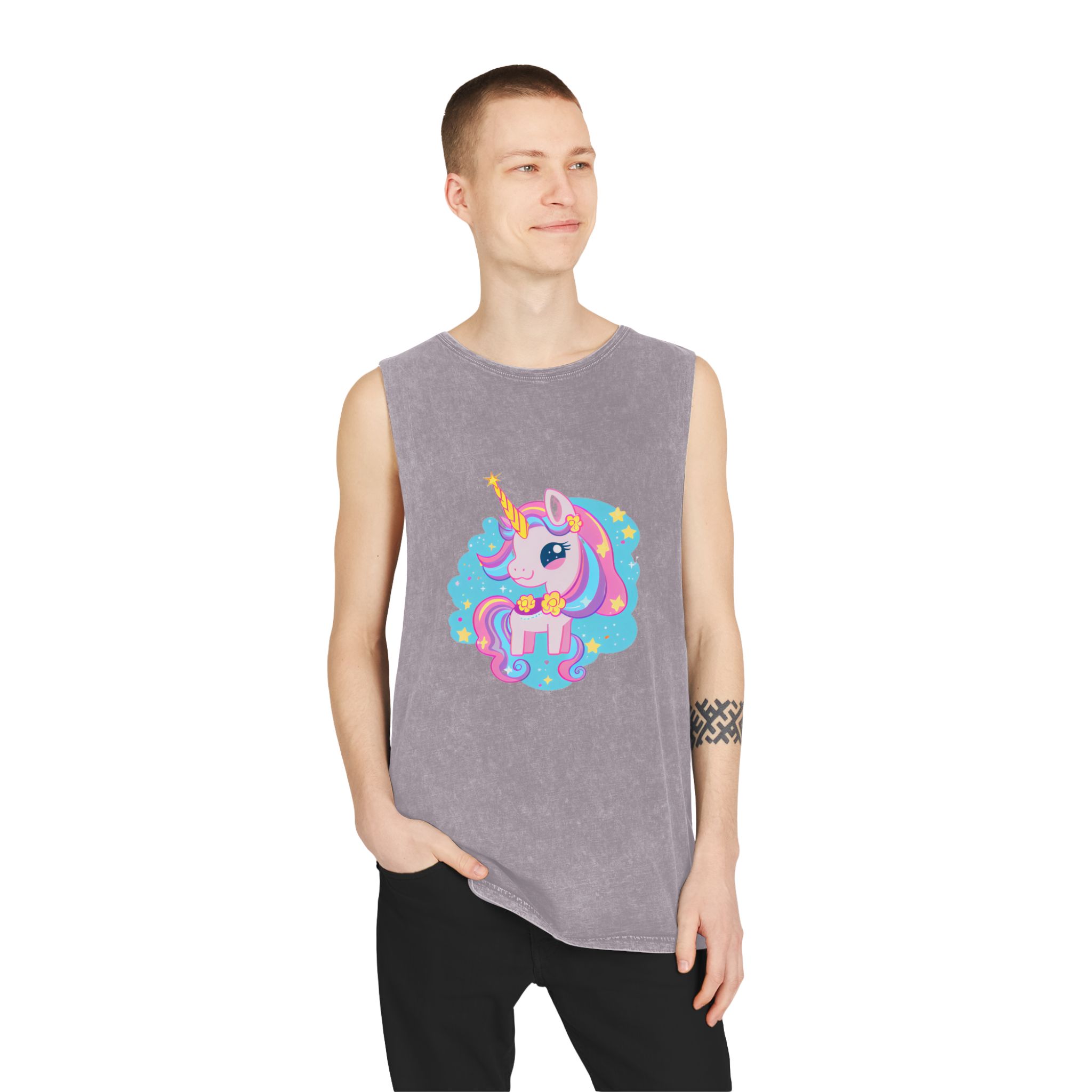 There Is Cartoon Unicorn With Bow Tie Stars Generative Ai Unisex Stonewash Tank Top - Image 19