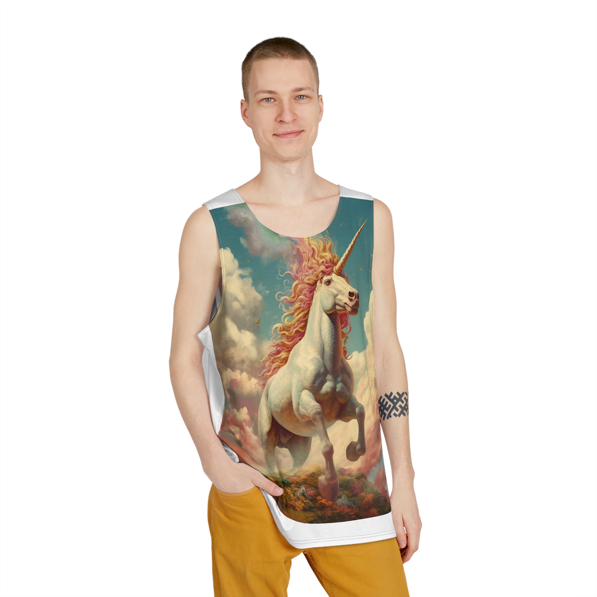 Painting Unicorn With Rainbow Sky Generative Ai Mens Tank Aop - Image 3