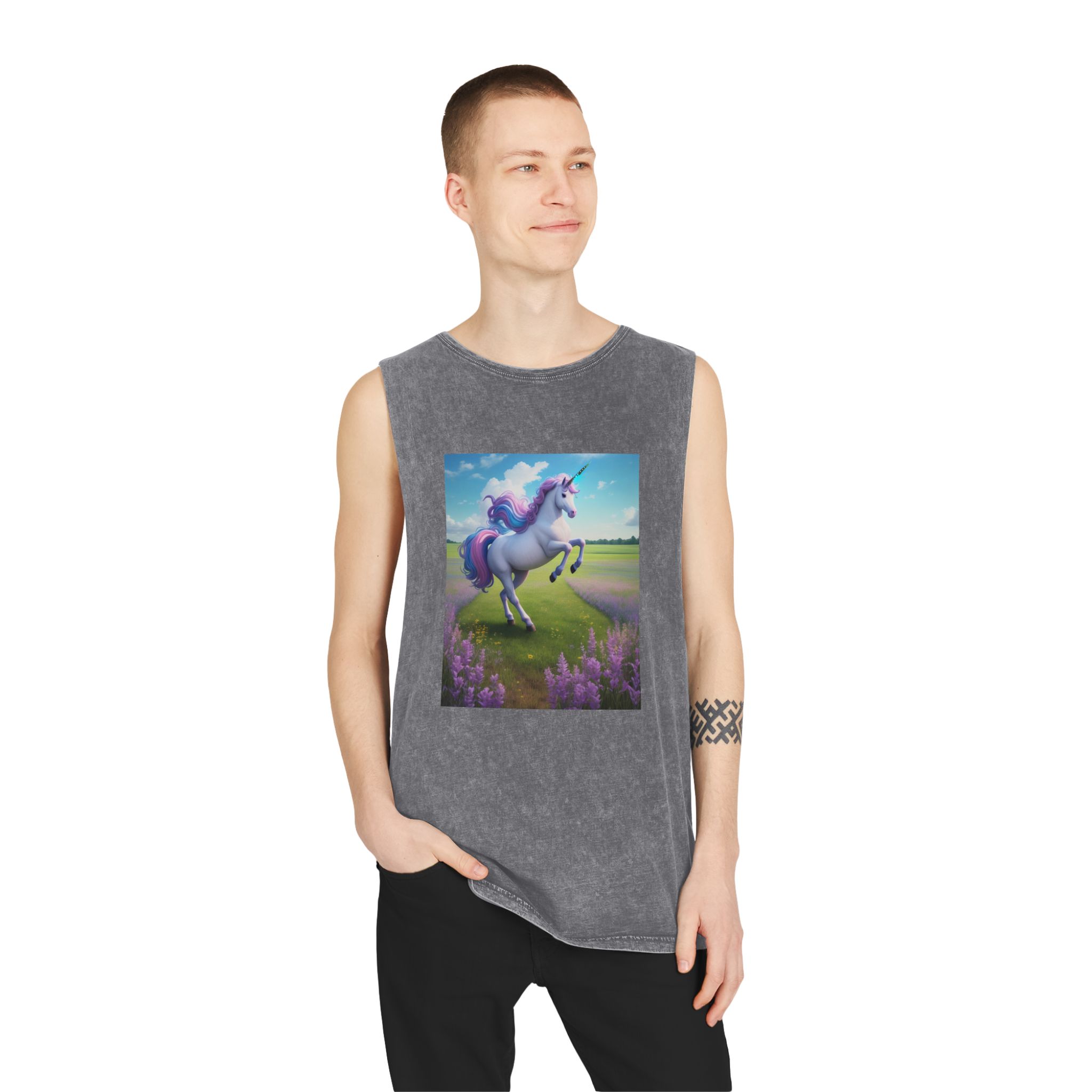 Beautiful Unicorn Running Magical Meadow Unicorn Background Images Whimsical Unicorn (24) Unisex Stonewash Tank Top - Image 11