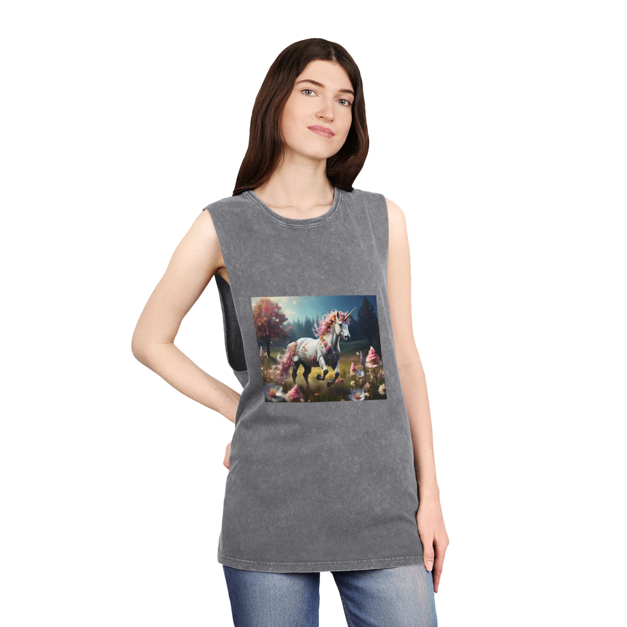 Beautiful Unicorn Running Magical Meadow Unicorn Background Images Whimsical Unicorn (27) Unisex Stonewash Tank Top - Image 12
