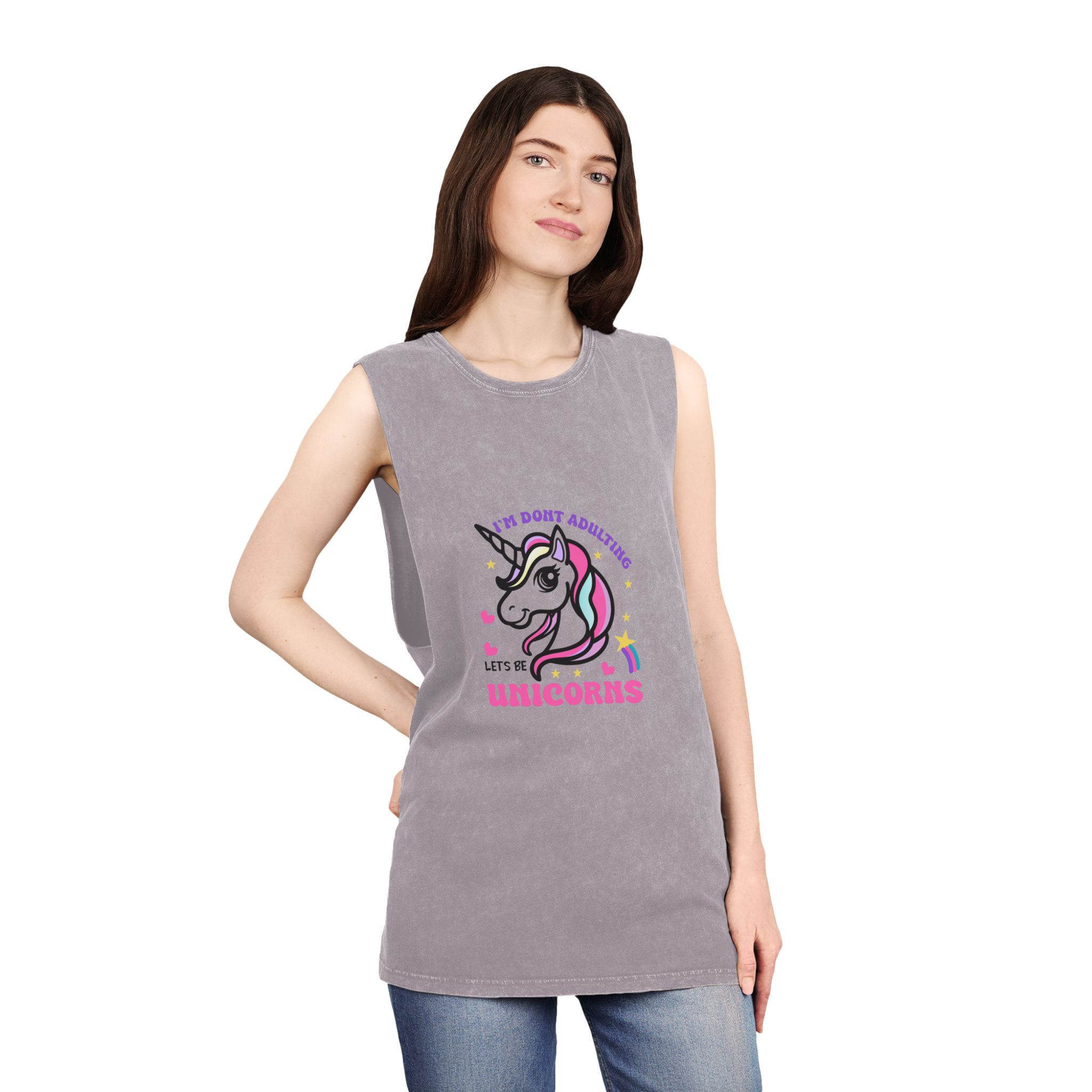 Cute Unicorn Illustration With Rainbow Stars Hearts Unisex Stonewash Tank Top - Image 20
