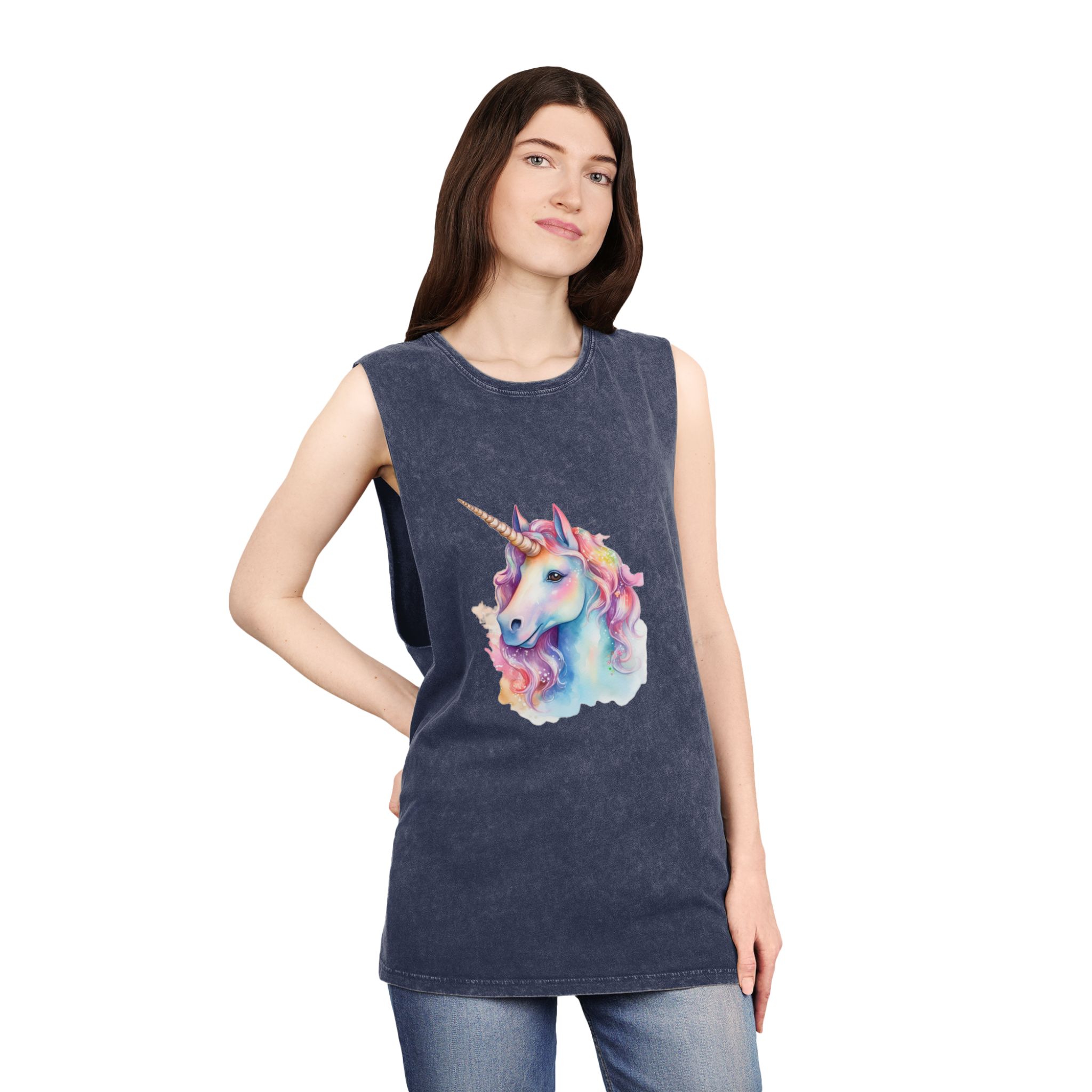 Painting Unicorn With Long Mane Colorful Mane Generative Ai Unisex Stonewash Tank Top - Image 16