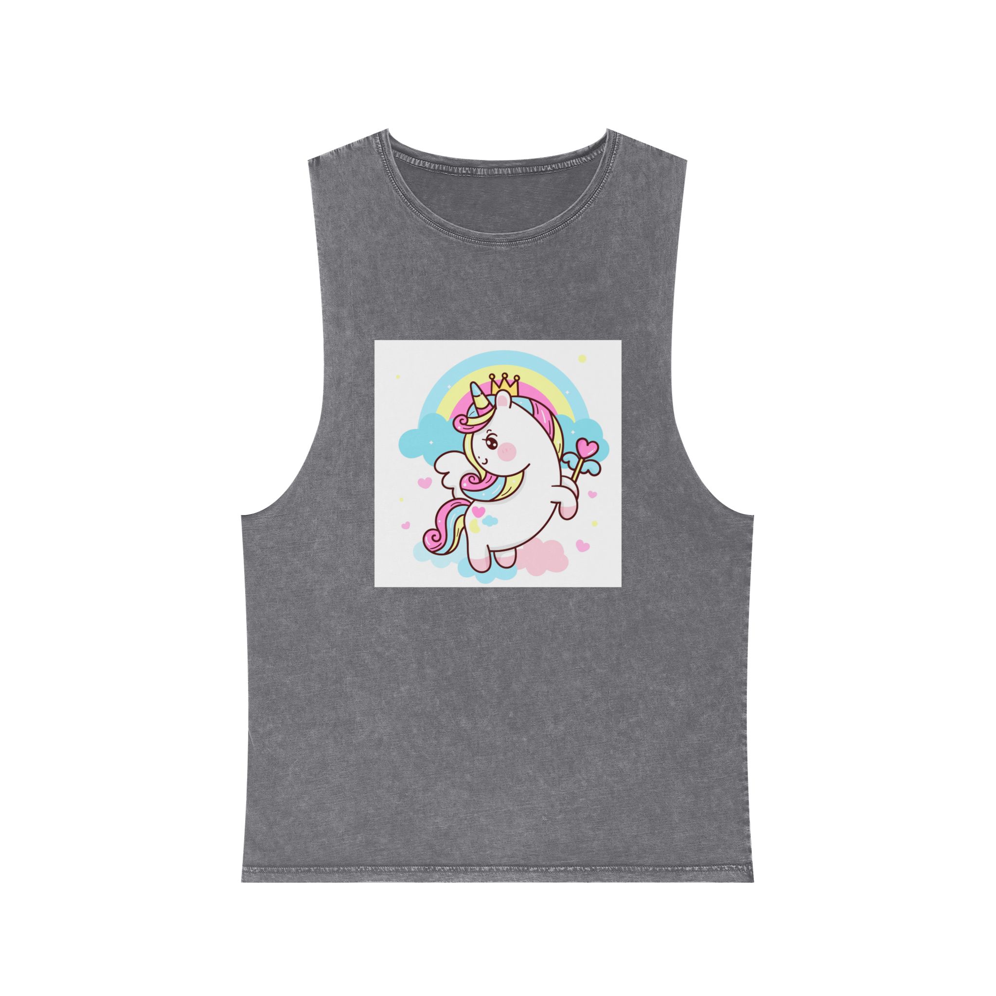 Cute Unicorn Vector Princess Pegasus Holding Heart Magic Wand On Pastel Sky With Sweet Cloud and Heart Pony Cartoon Kawaii Animals Background Unisex Stonewash Tank Top - Image 9