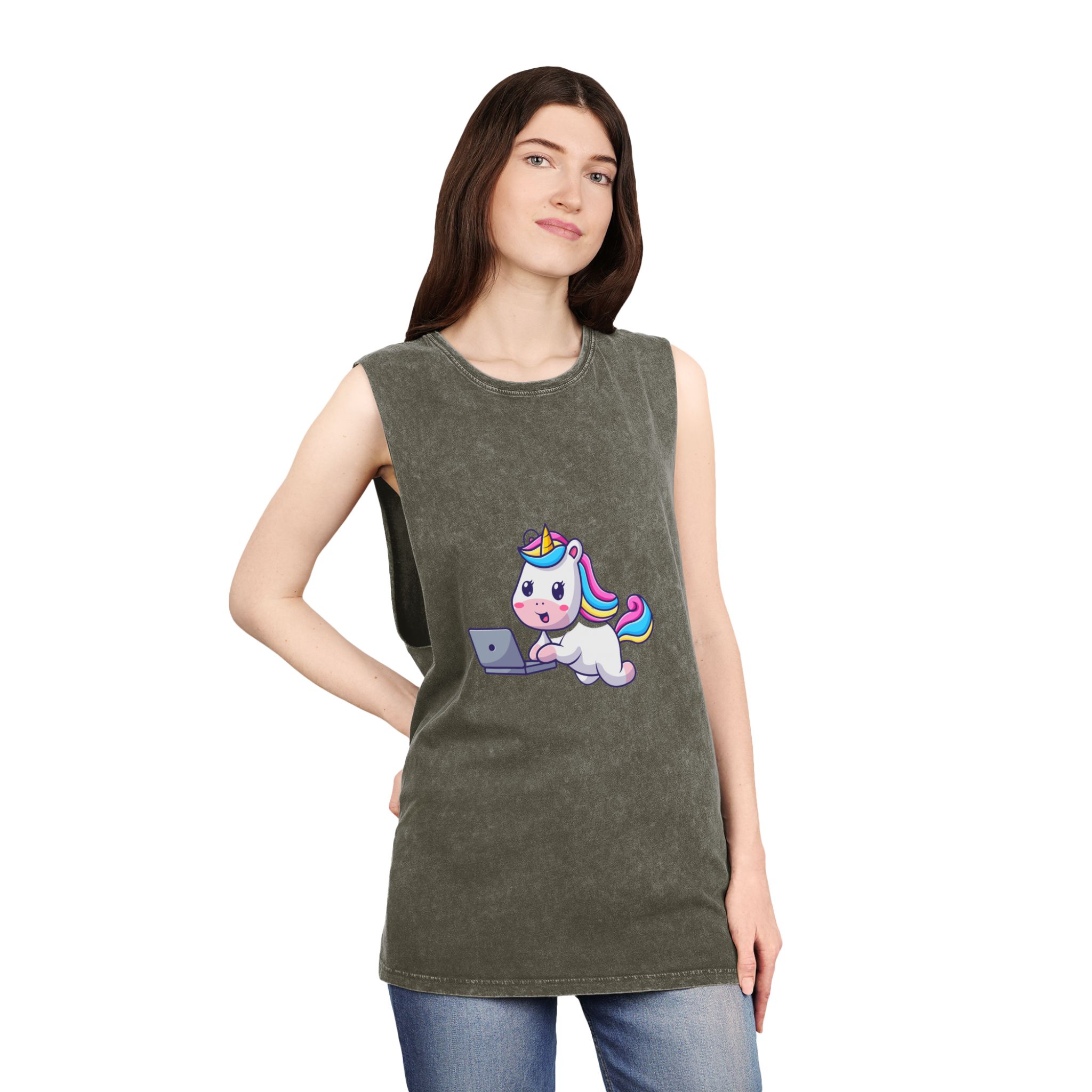 Cute Unicorn Computer Unisex Stonewash Tank Top - Image 8