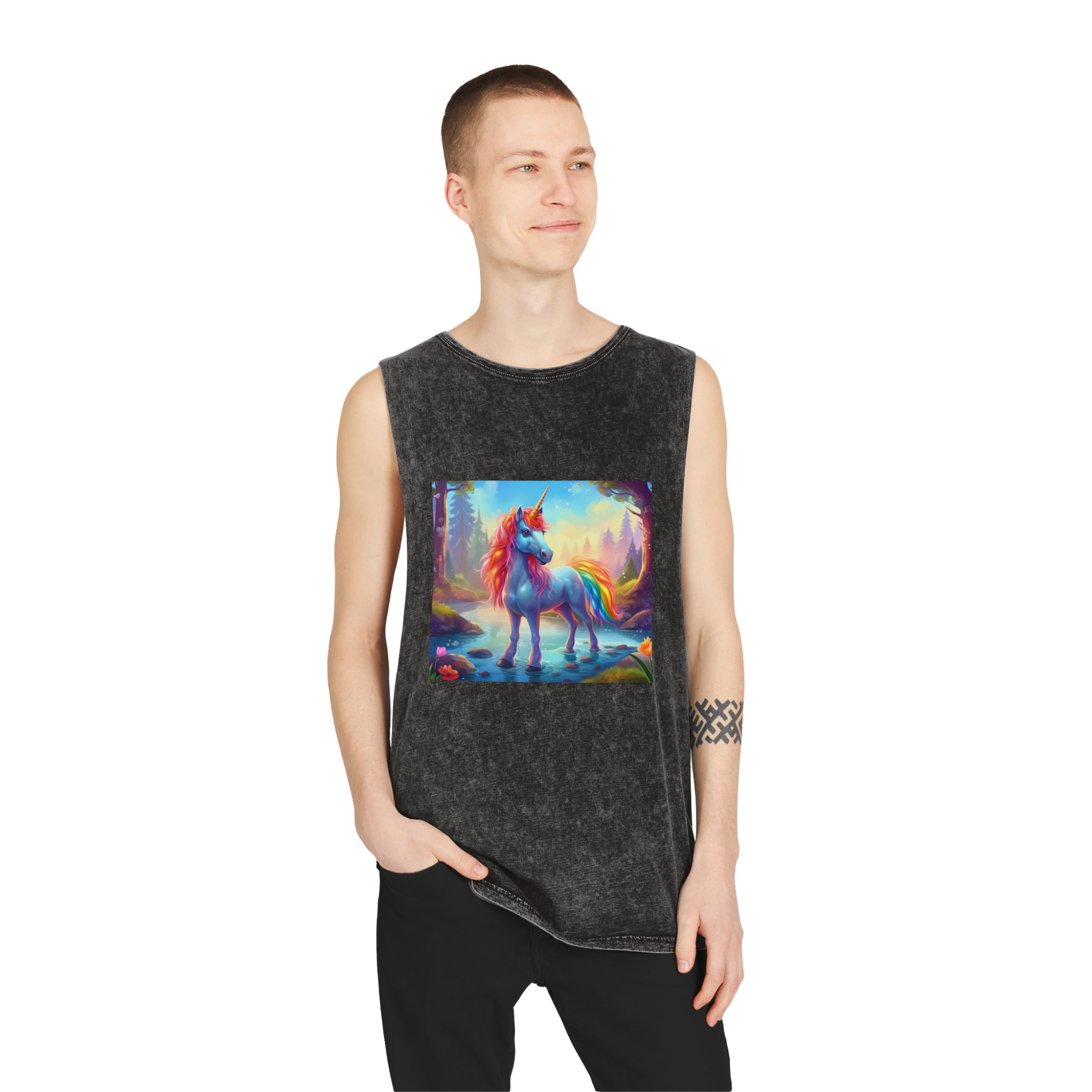 Unicorn Standing Stream Water Forest Generative Ai Unisex Stonewash Tank Top - Image 3