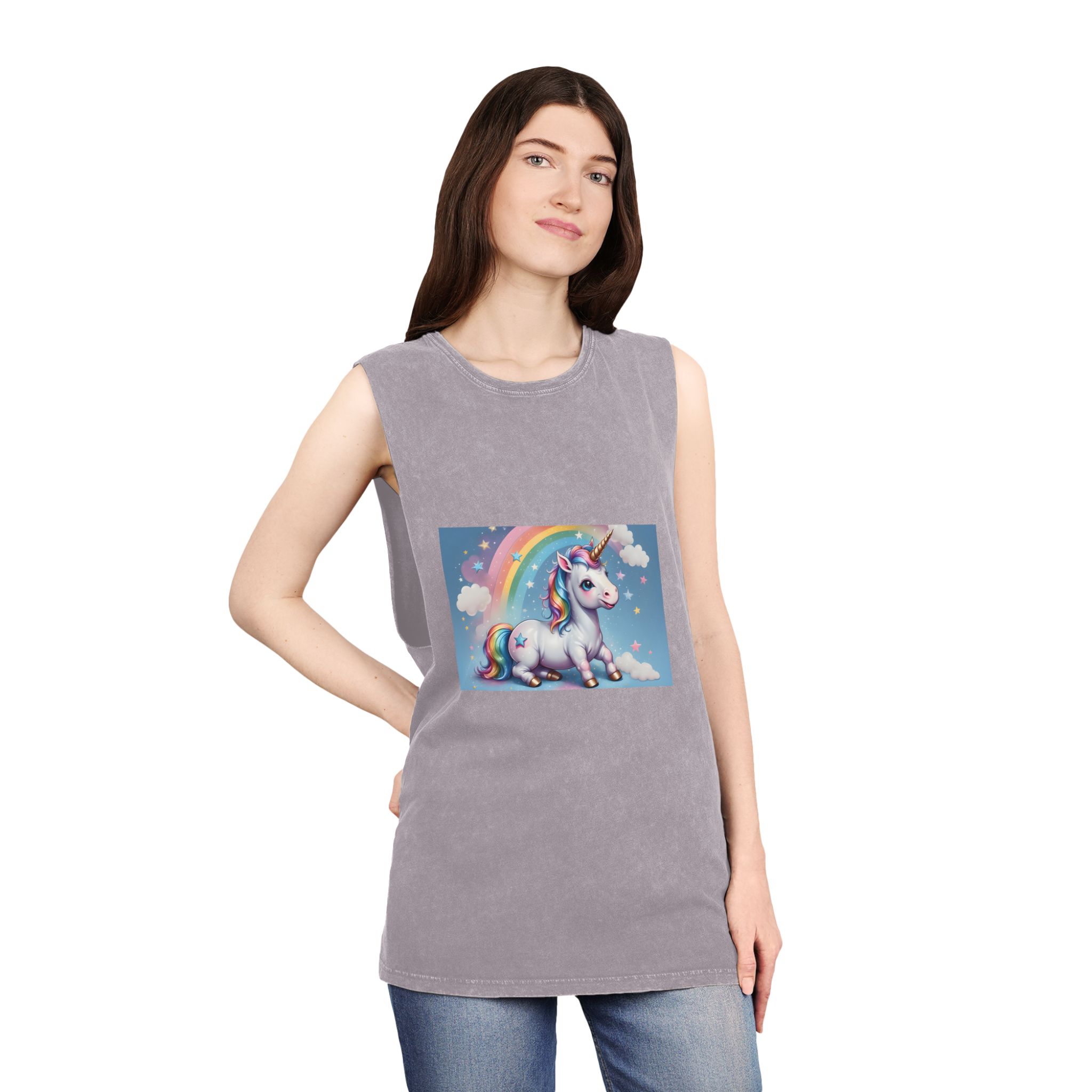 Happy Unicorn Background Sky Rainbow Unisex Stonewash Tank Top - Image 20