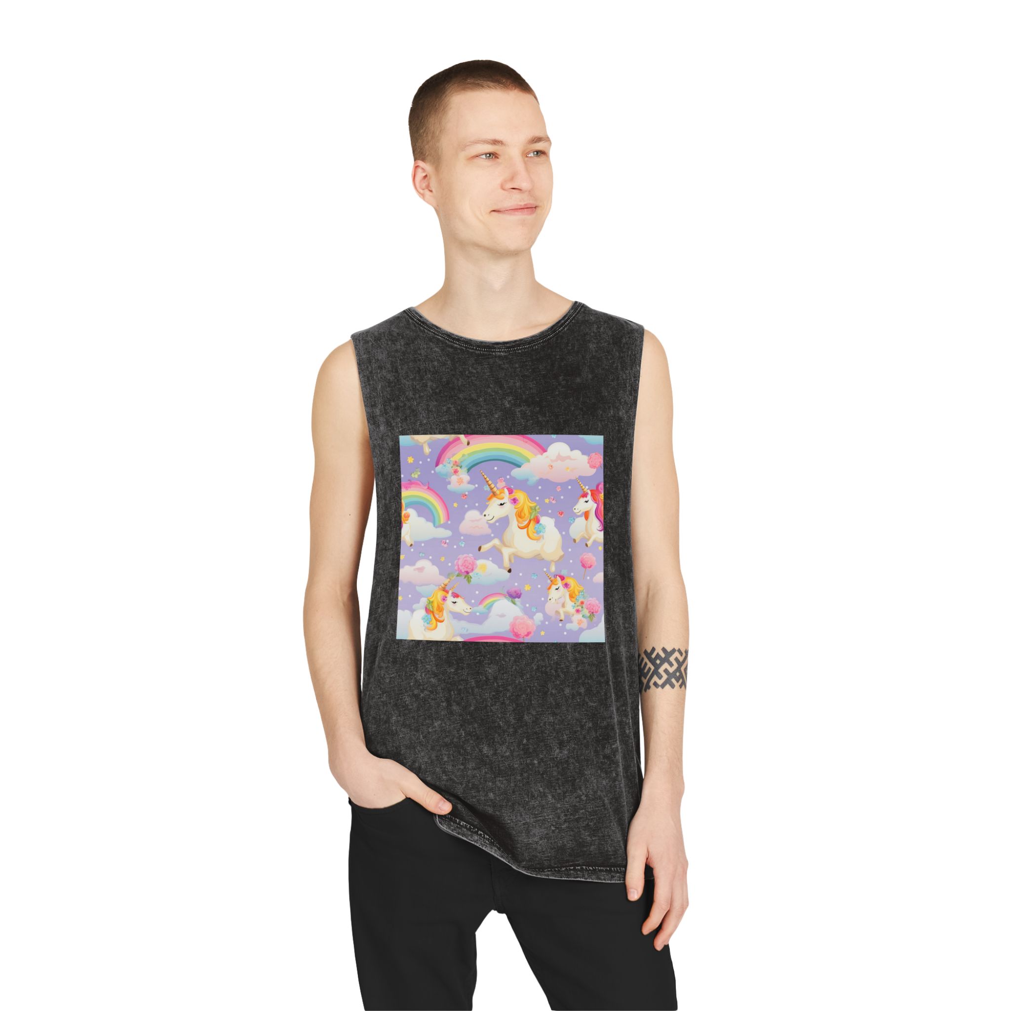 Playful Unicorns Among Flowers Clouds Rainbows Ice Creams Pastel Background (5) Unisex Stonewash Tank Top - Image 3