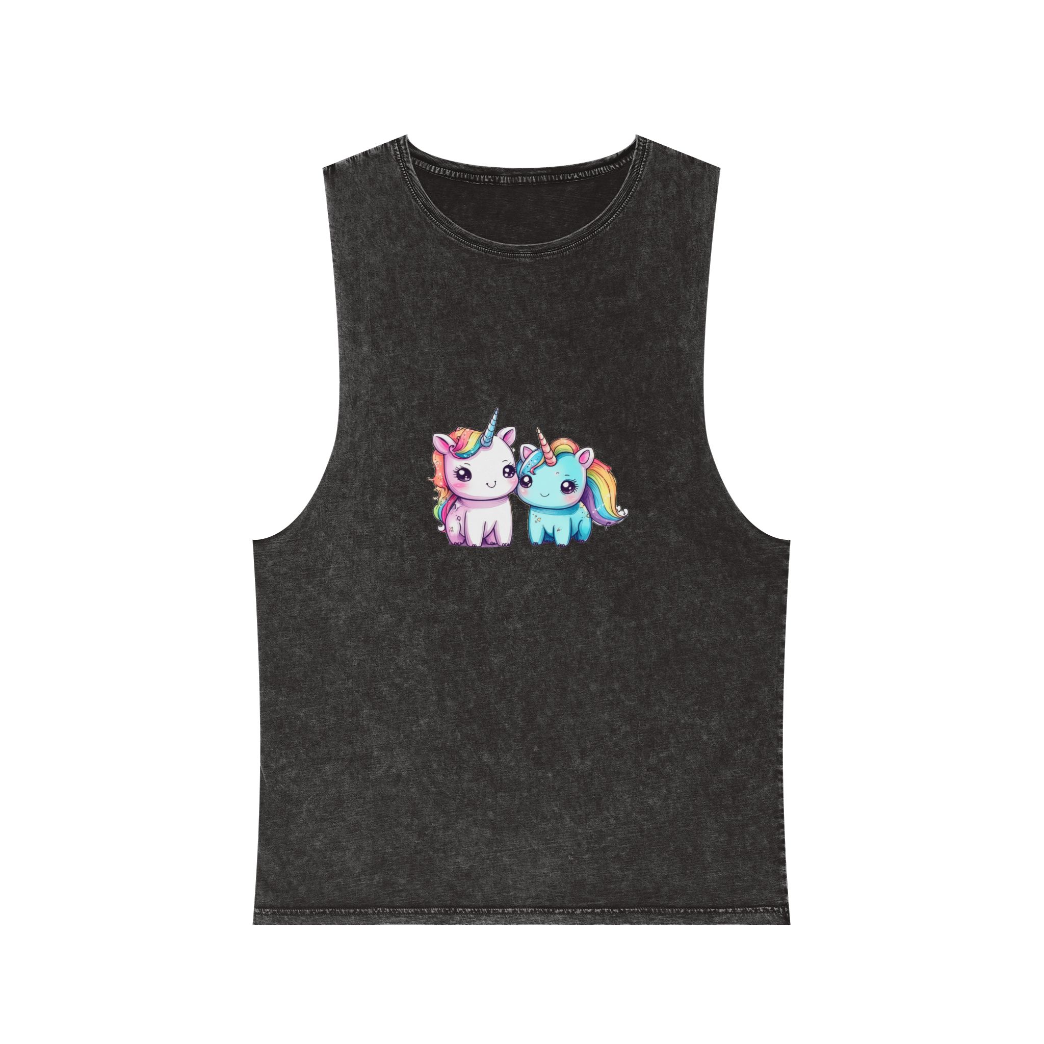 Pair Adorable Light Blue Pink Unicorns Isolated Rainbow Colors Background Unisex Stonewash Tank Top