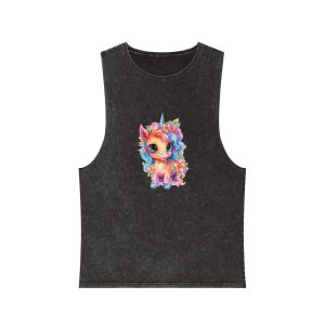 Cute Colorful Magic Unicorn With Flowers Watercolor Style (1) Unisex Stonewash Tank Top