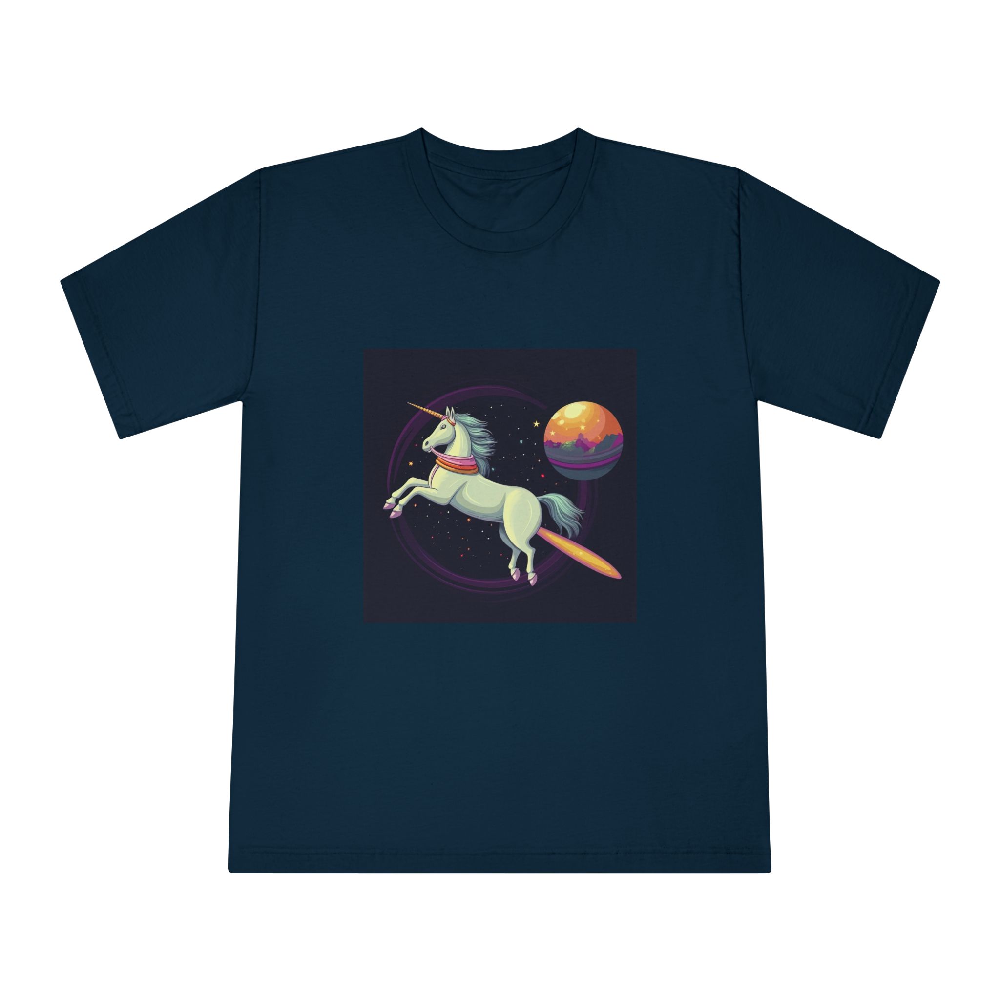 Unicorn With Long Tail Is Flying Through Circle With Moon Stars Unisex Classic Crewneck T Shirt - Image 17