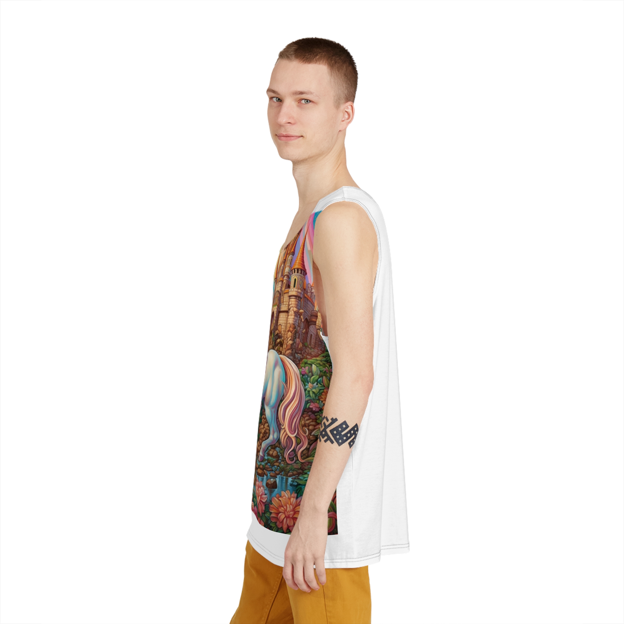 Painting Unicorn Fantasy Setting With Castle Background Generative Ai Copy Mens Tank Aop