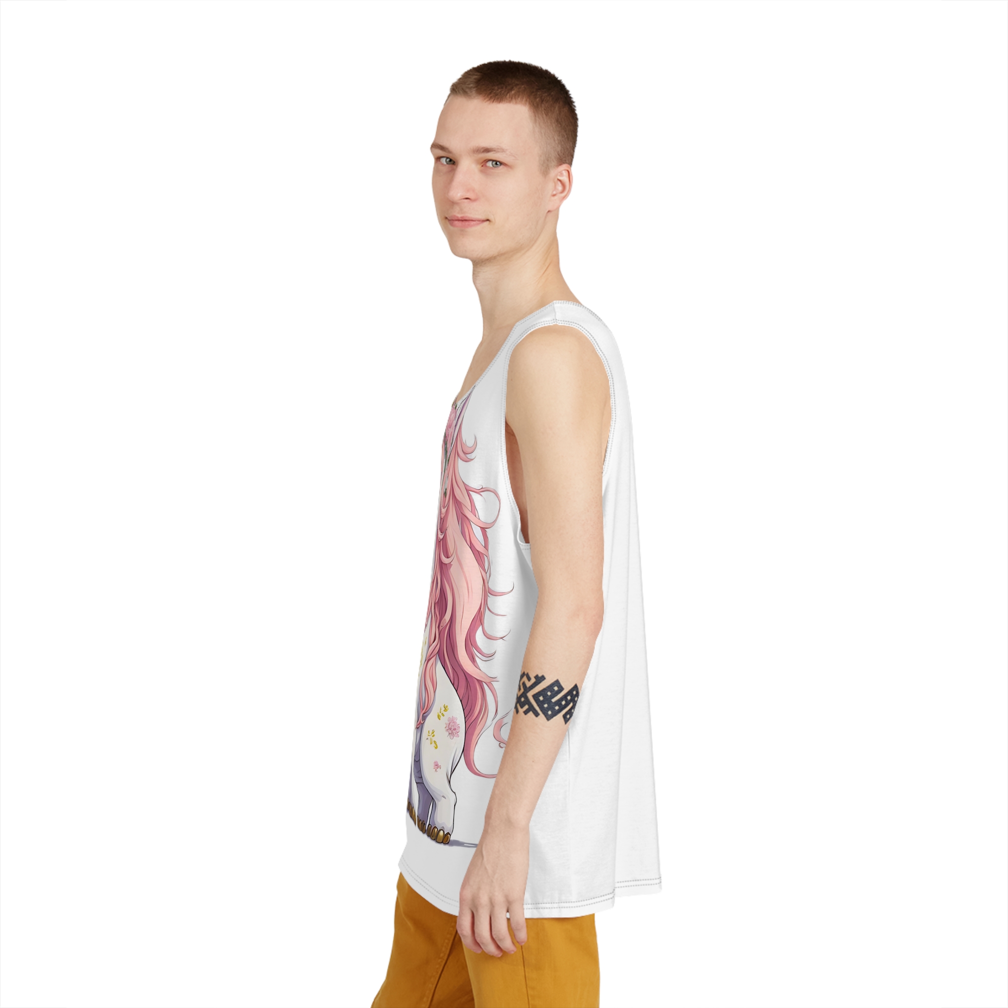 Pink Baby Unicorn Cartoon With Gold Horn Generative Ai (1) Mens Tank Aop