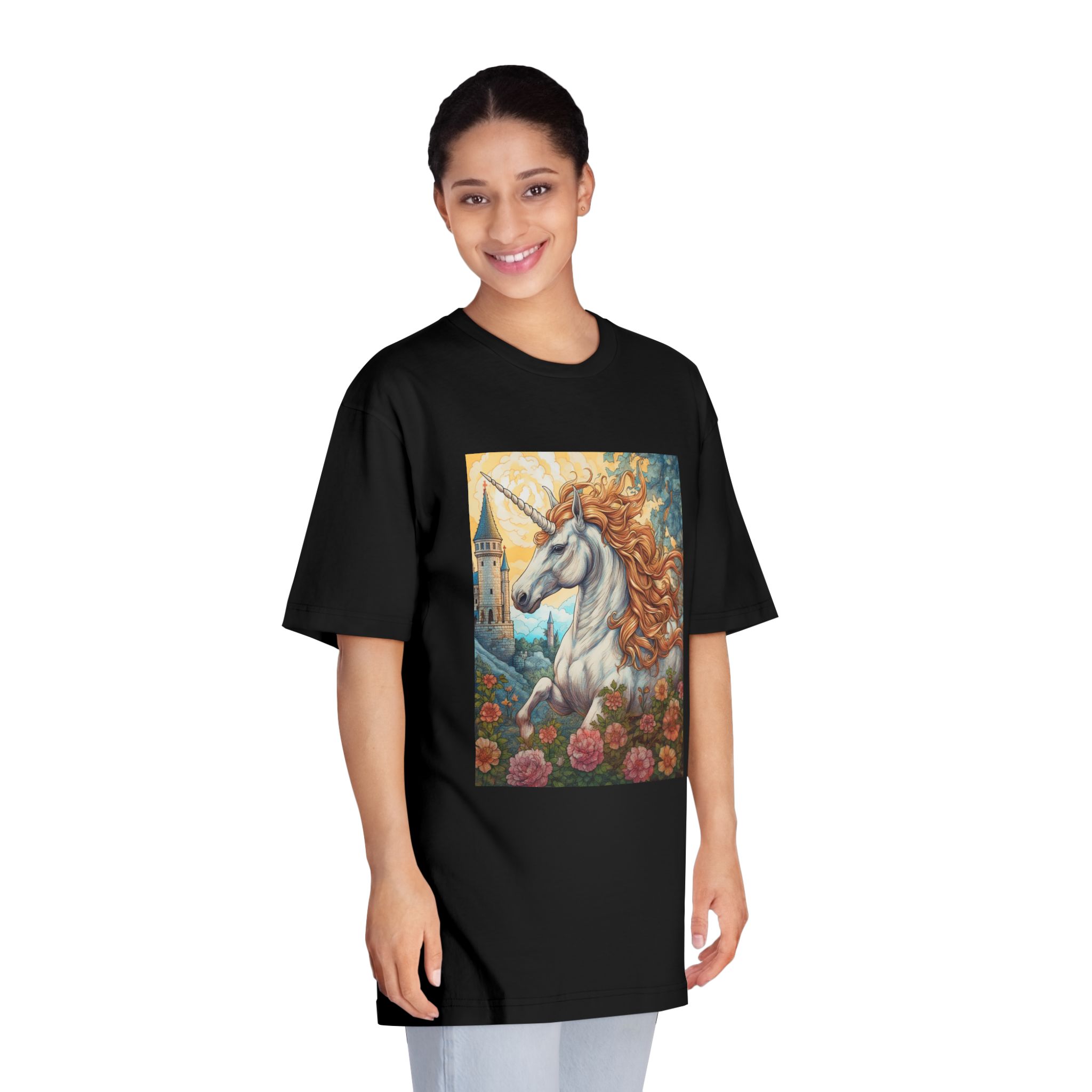 Painting Unicorn With Long Mane Castle Background Generative Ai Unisex Classic Crewneck T Shirt - Image 7
