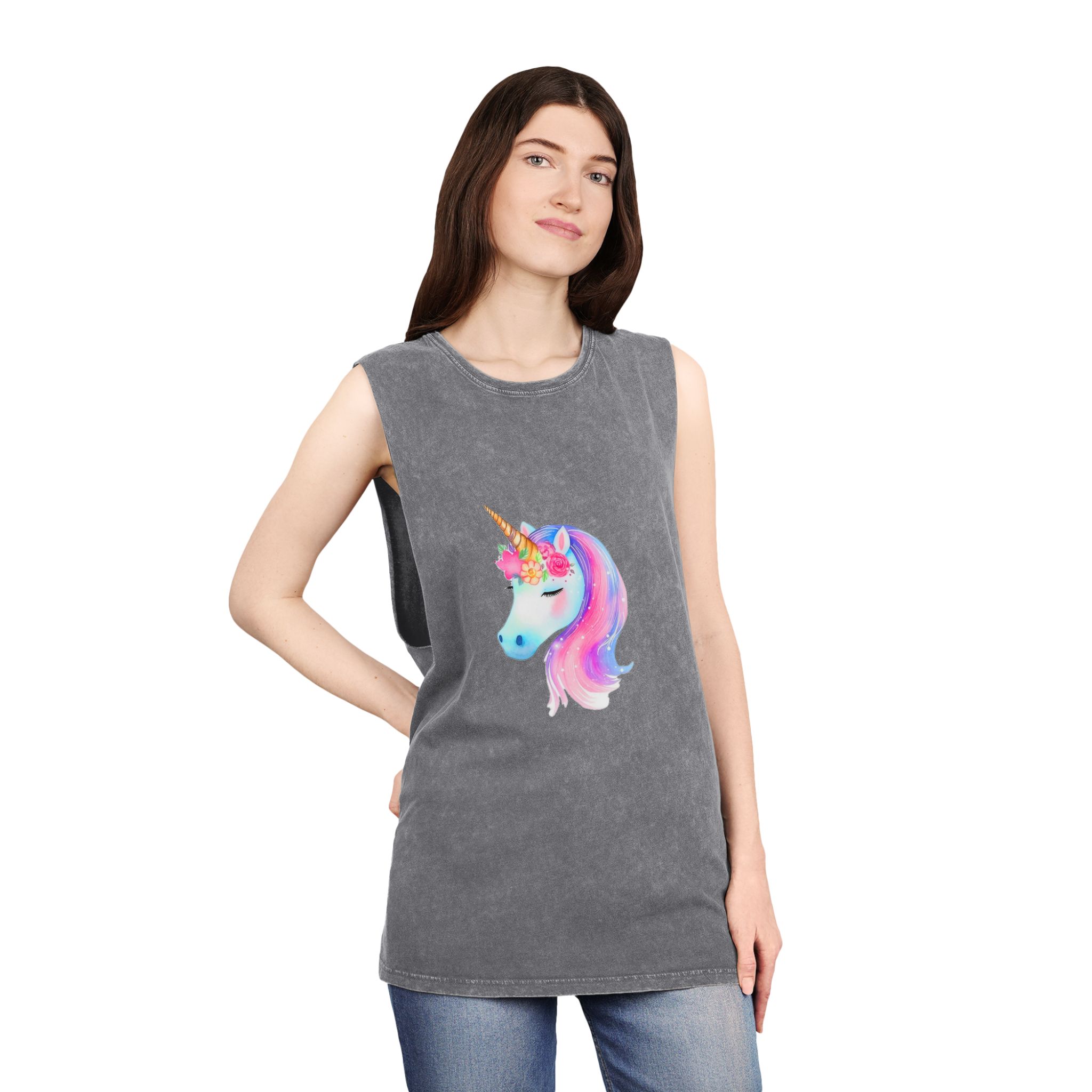 Cute Unicorn Watercolor Hand Painted 01 Unisex Stonewash Tank Top - Image 12