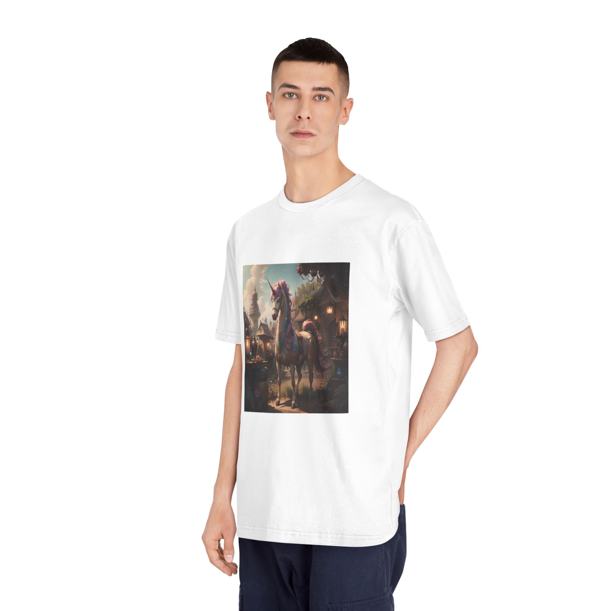 Unicorn With Purple Mane Stands Front Small Town With Lamp Post Unisex Classic Crewneck T Shirt - Image 4