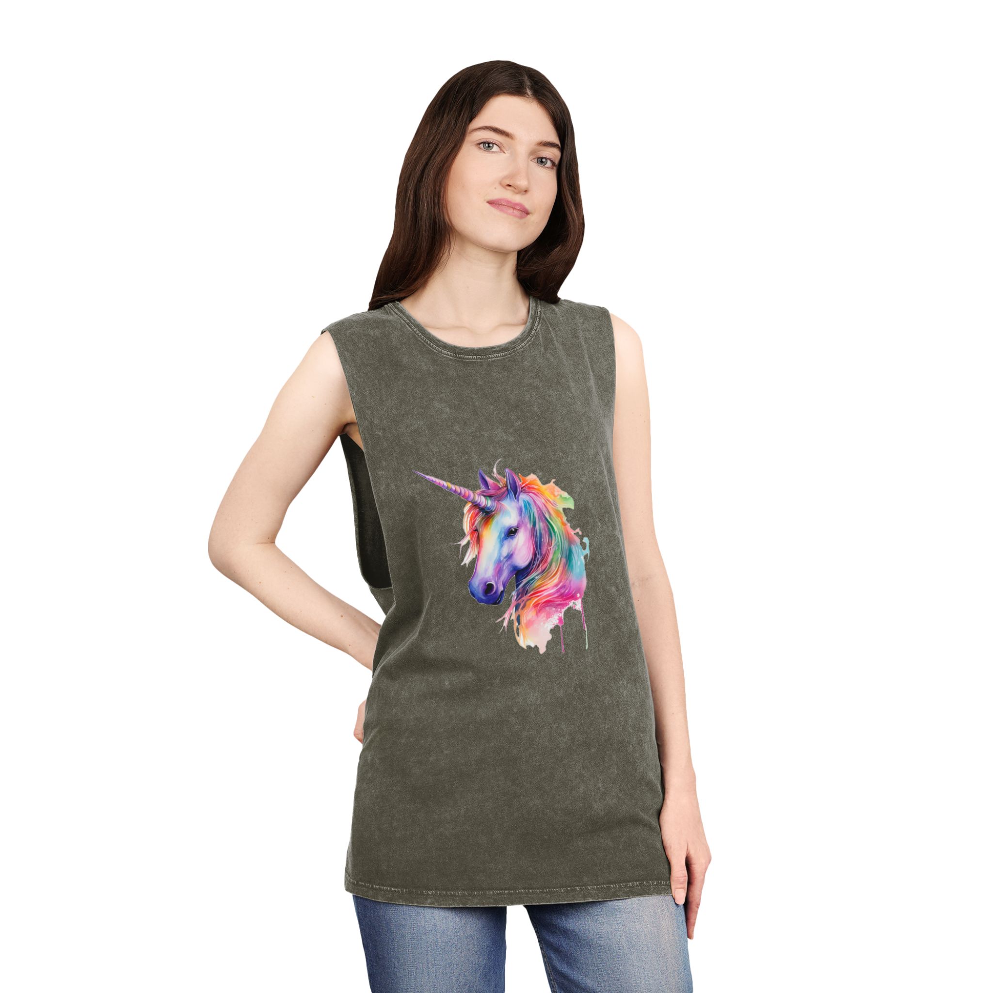 Unicorn Portrait Watercolor Illustration Rainbow Animal Watercolor Character Isolated White Copy Unisex Stonewash Tank Top - Image 8